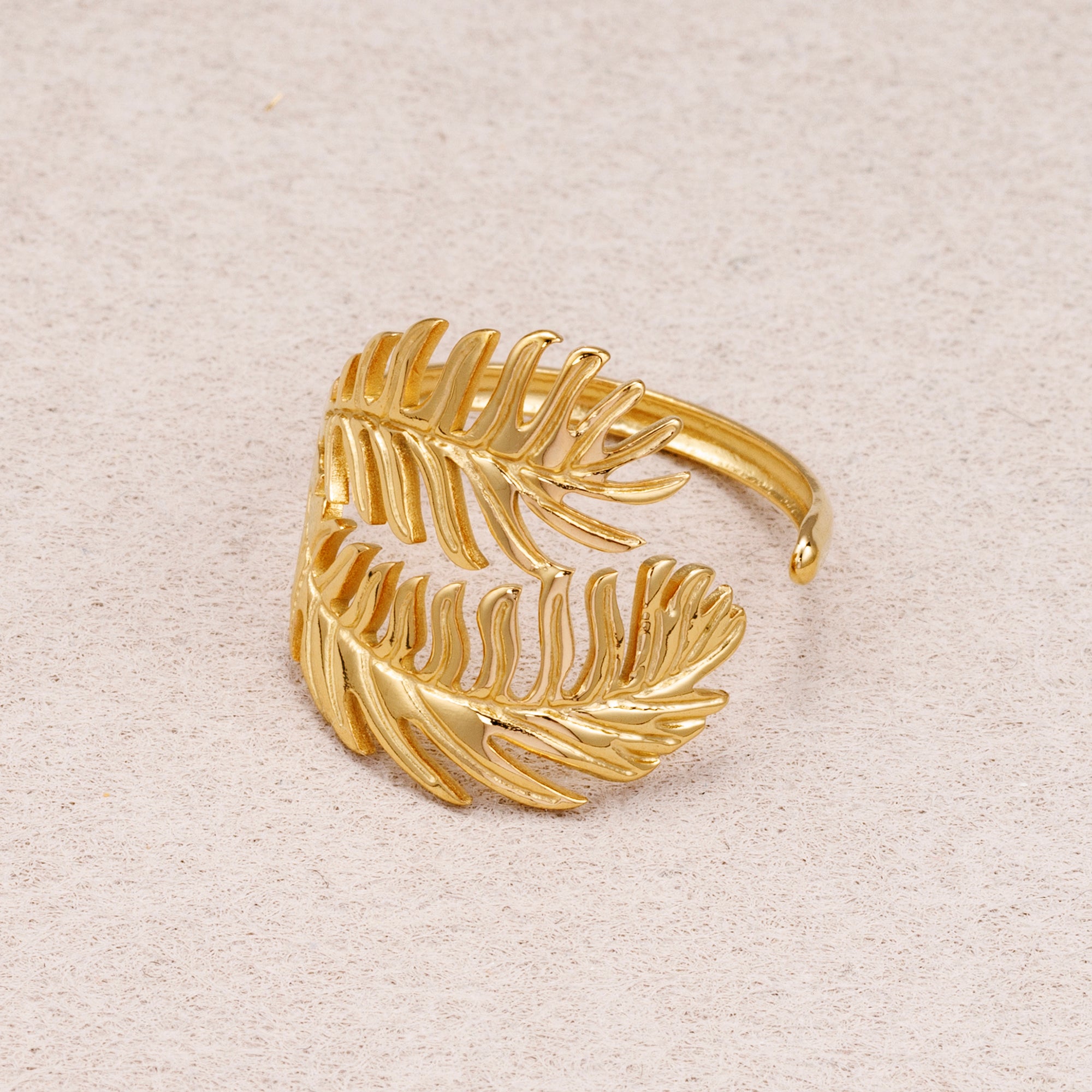 Gold PVD Stainless Steel Curved Monstera Leaf Adjustable Ring