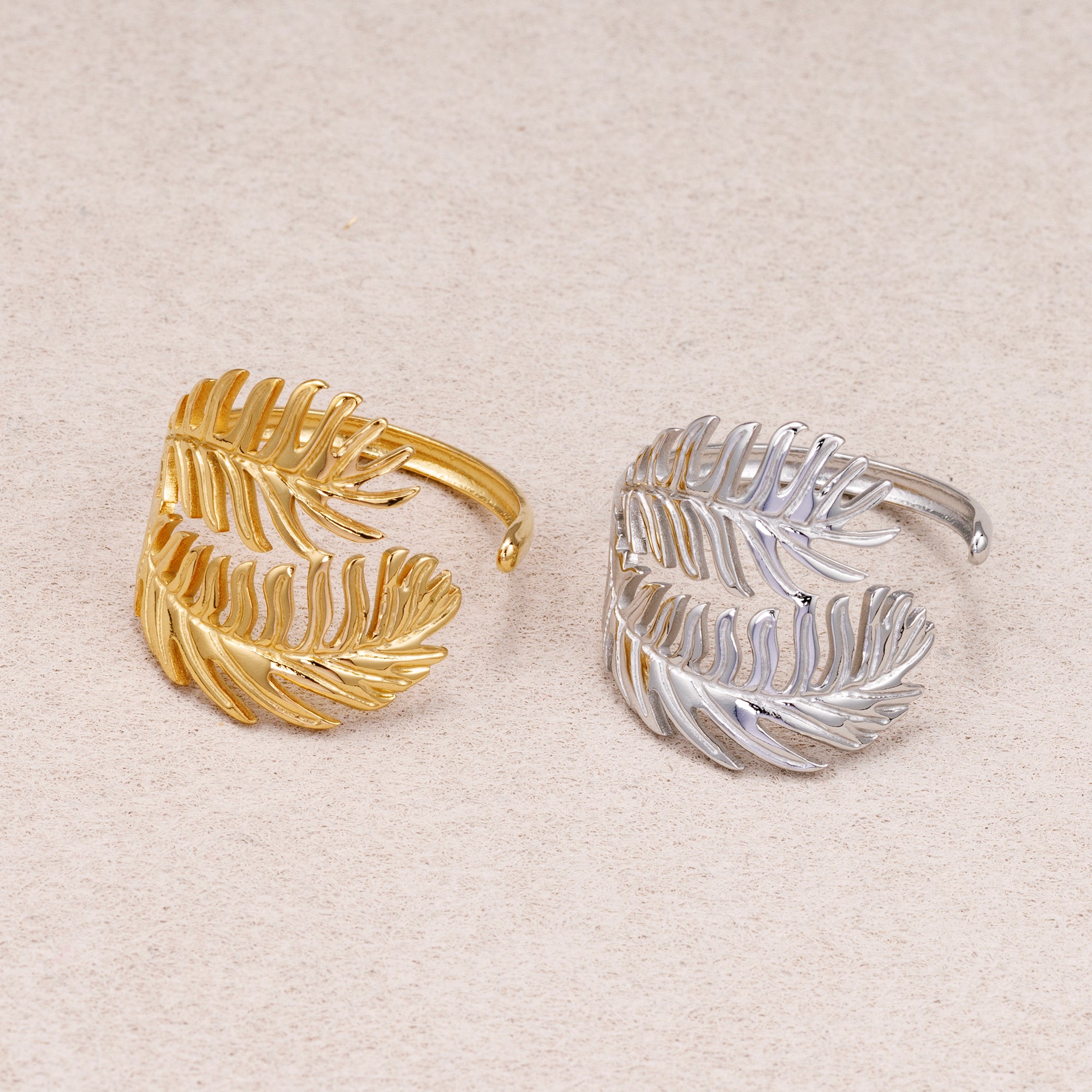 Gold PVD Stainless Steel Curved Monstera Leaf Adjustable Ring
