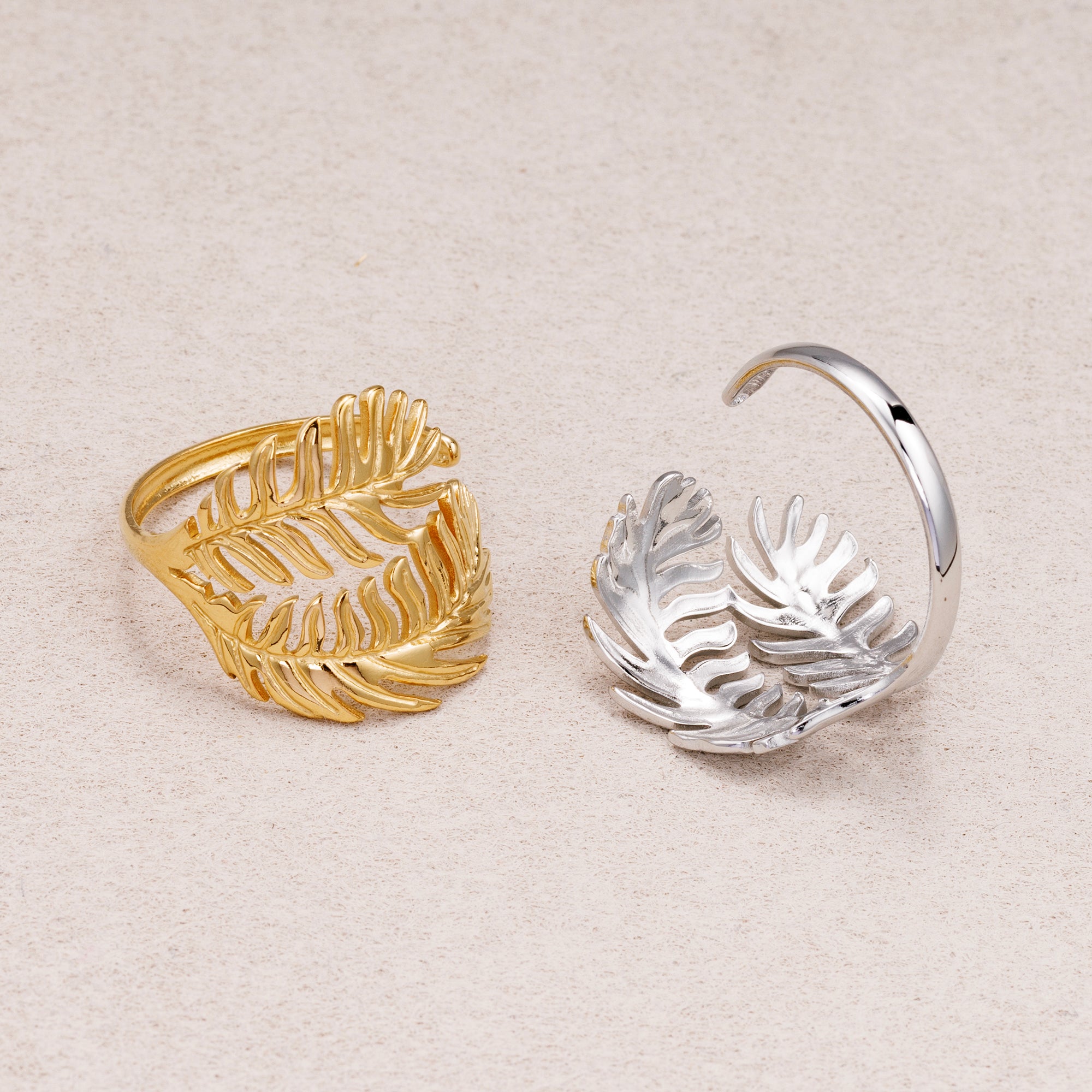 Gold PVD Stainless Steel Curved Monstera Leaf Adjustable Ring