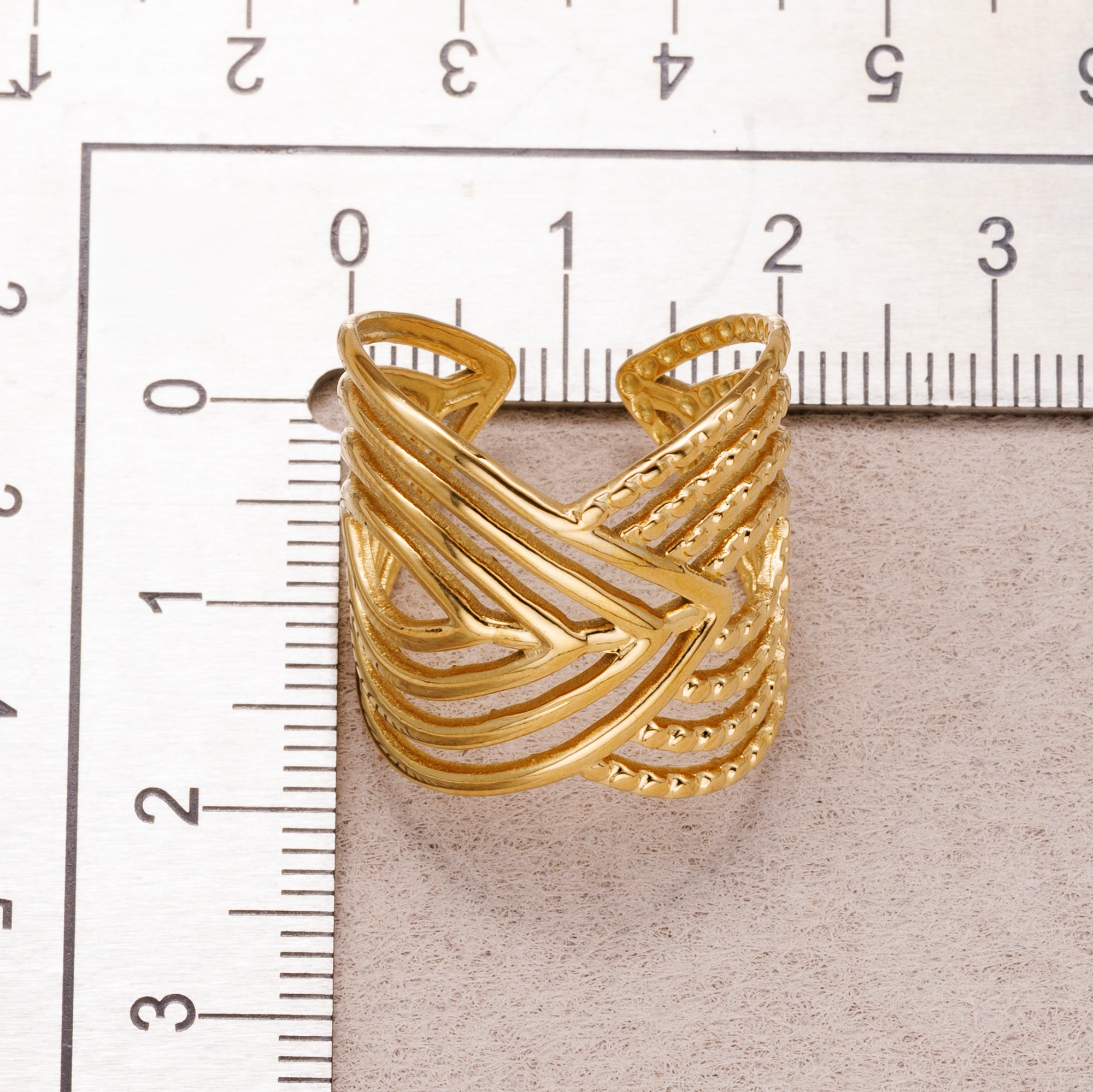 Gold PVD Stainless Steel Layer Chevron V-Shape Statement Adjustable Ring