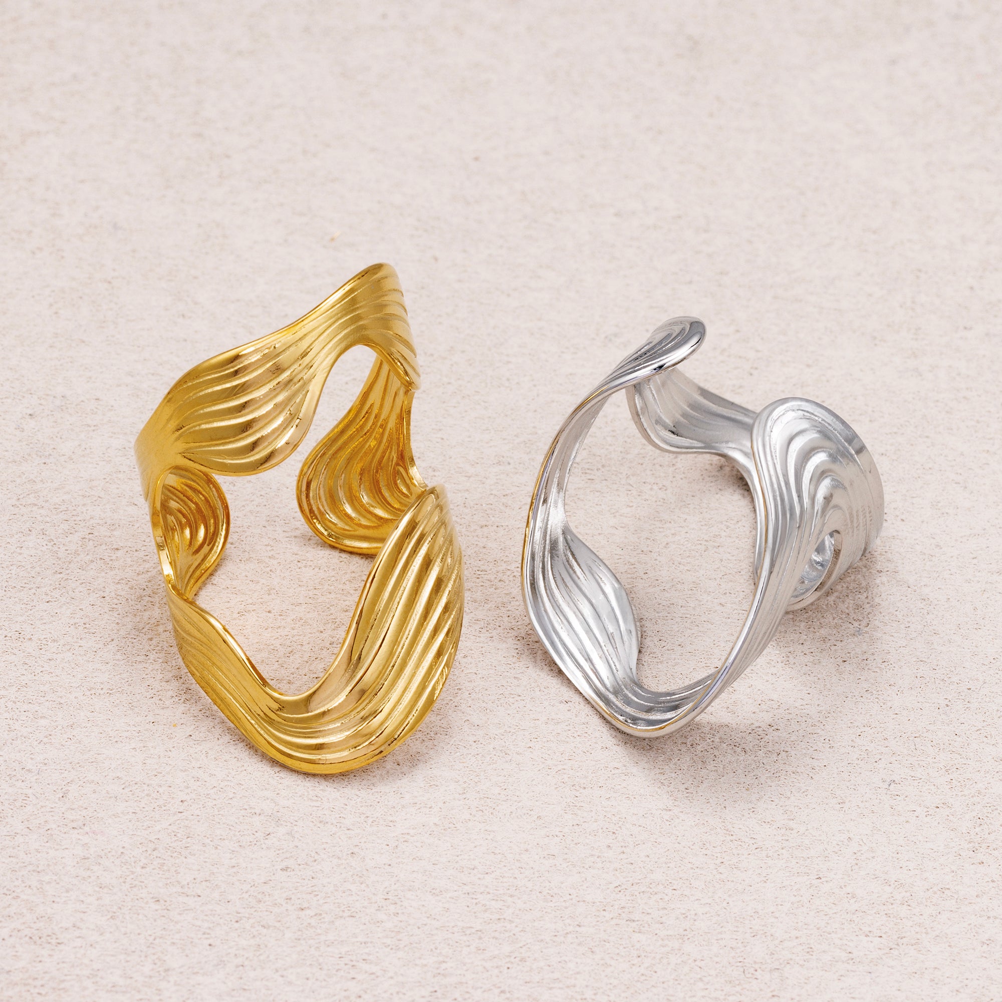 Gold PVD Stainless Steel Curved Wavy Adjustable Statement Ring