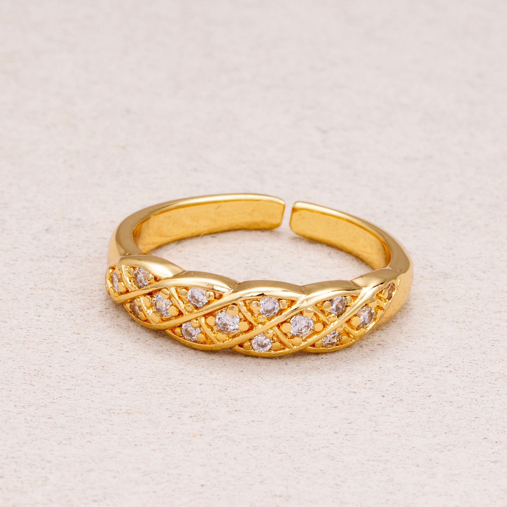 16K Gold Plated Micro Paved CZ Braided Lattice Adjustable Ring