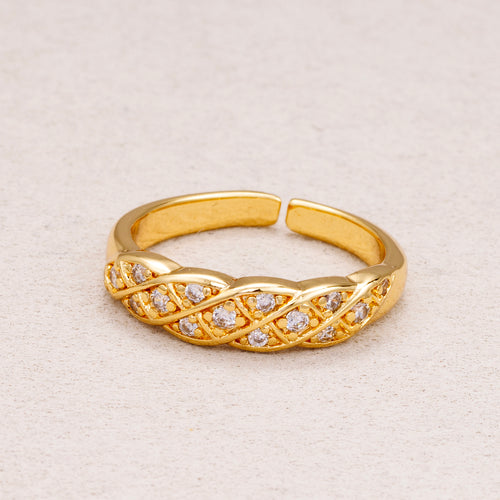 16K Gold Plated Micro Paved CZ Braided Lattice Adjustable Ring