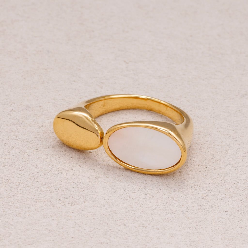 Gold PVD Stainless Steel Oval Mother of Pearl Open Bypass Ring