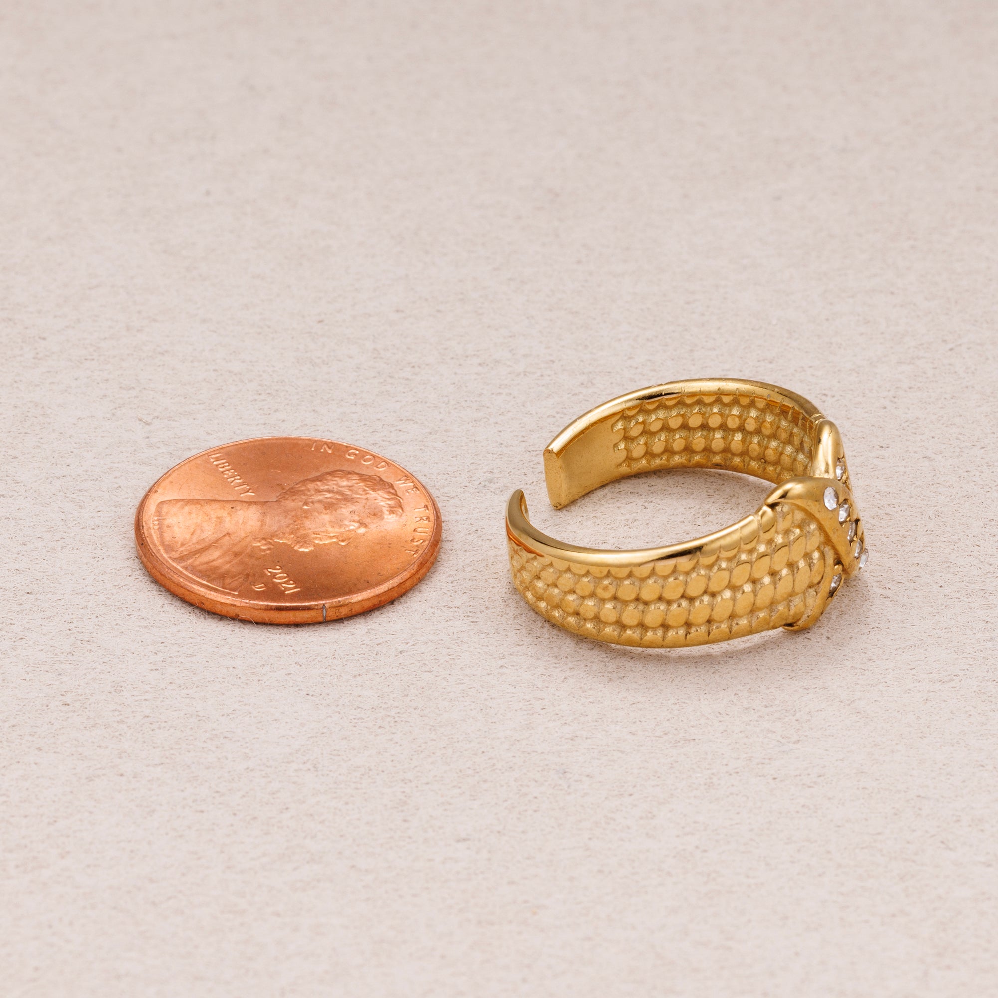 Gold PVD Stainless Steel Micro Paved CZ Crossed Line Rope Textured Adjustable Ring