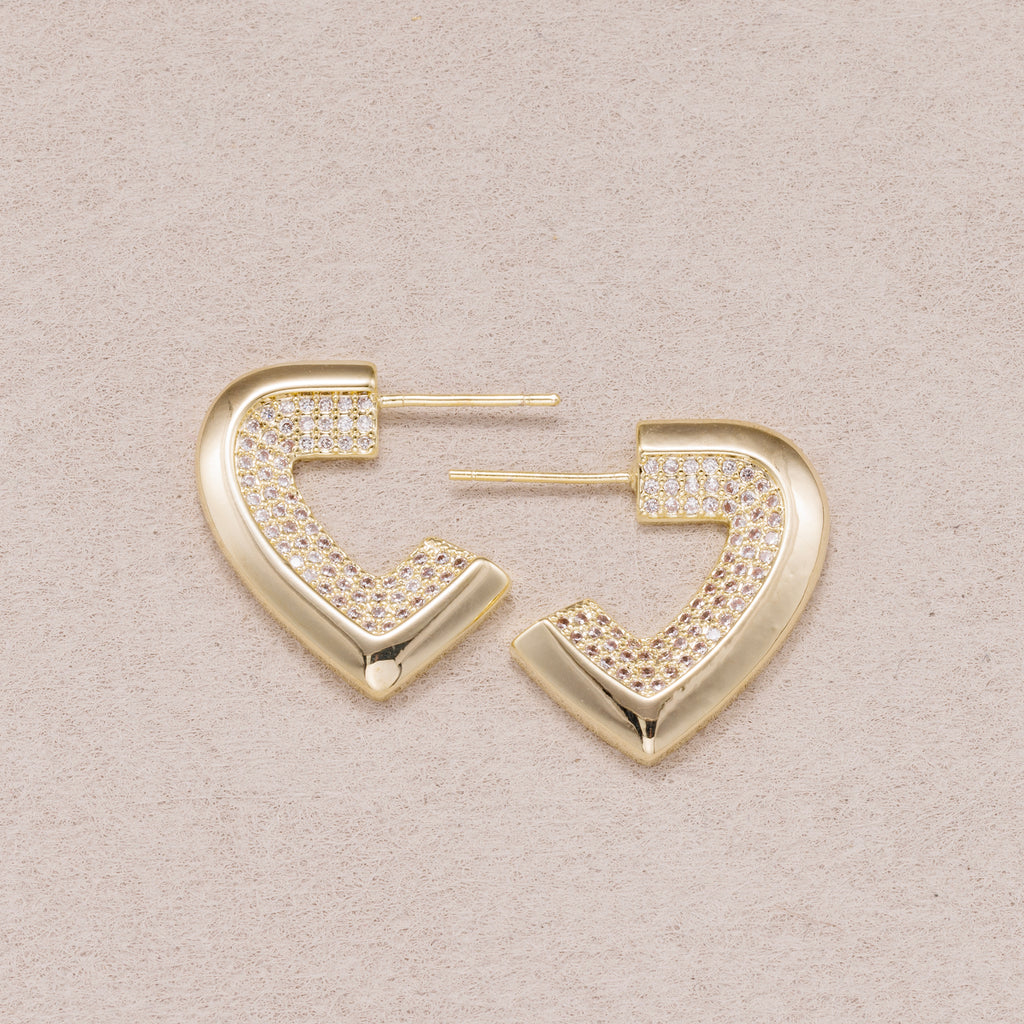 Gold PVD Stainless Steel Micro Paved CZ Geometric Half Love Heart Stud Earrings