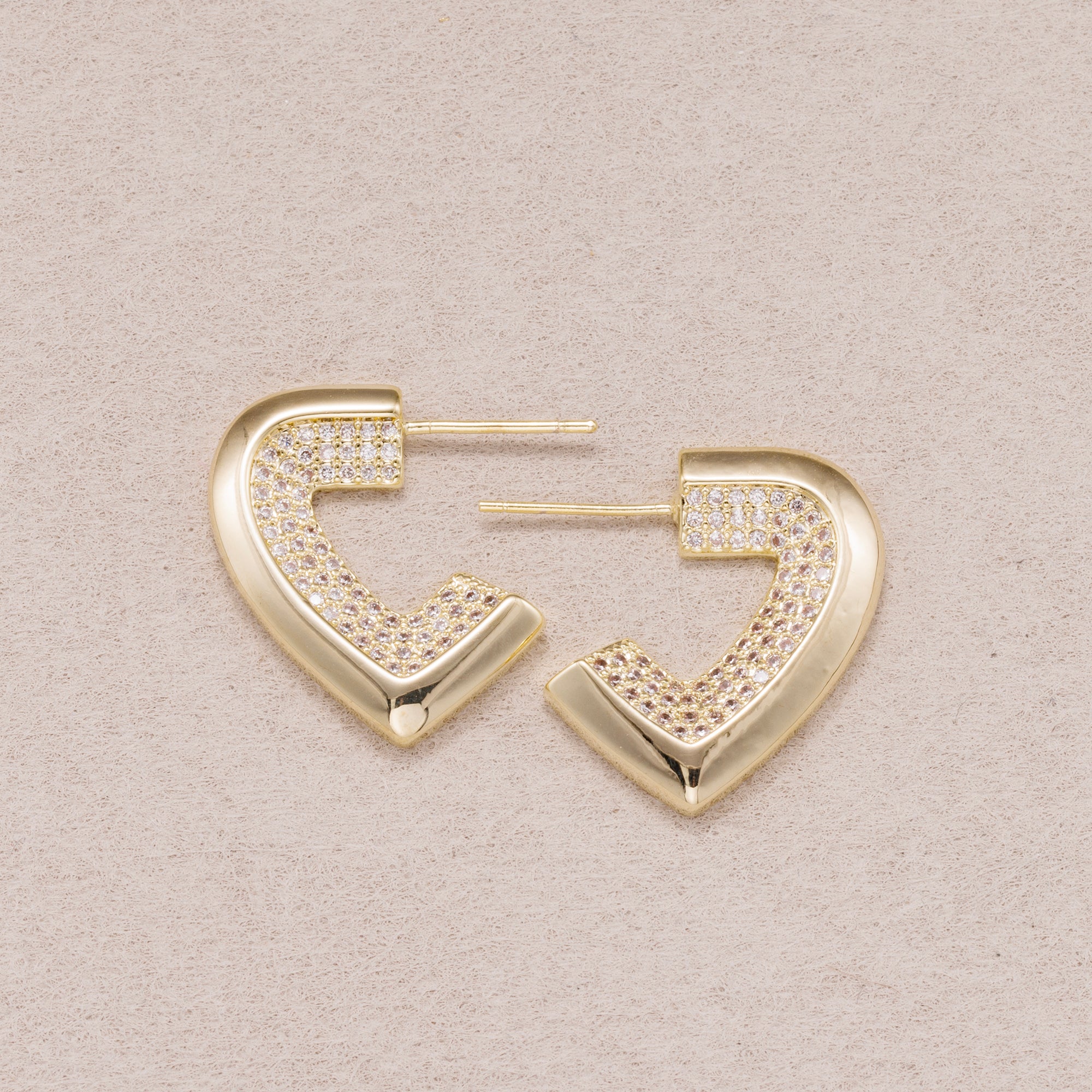 Gold PVD Stainless Steel Micro Paved CZ Geometric Half Love Heart Stud Earrings