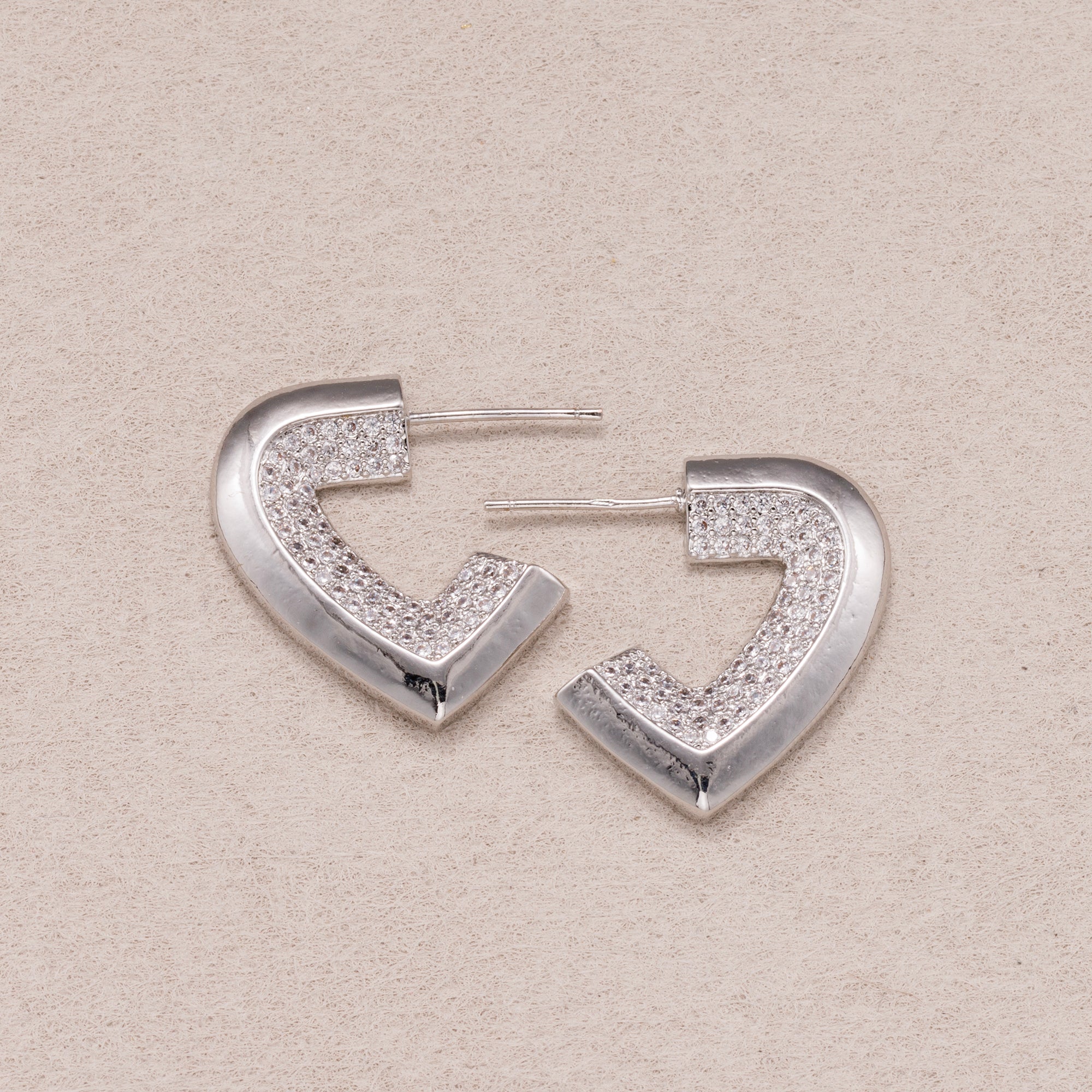 Gold PVD Stainless Steel Micro Paved CZ Geometric Half Love Heart Stud Earrings
