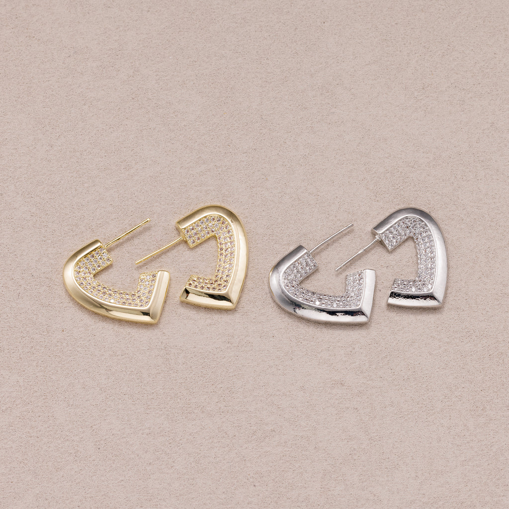 Gold PVD Stainless Steel Micro Paved CZ Geometric Half Love Heart Stud Earrings