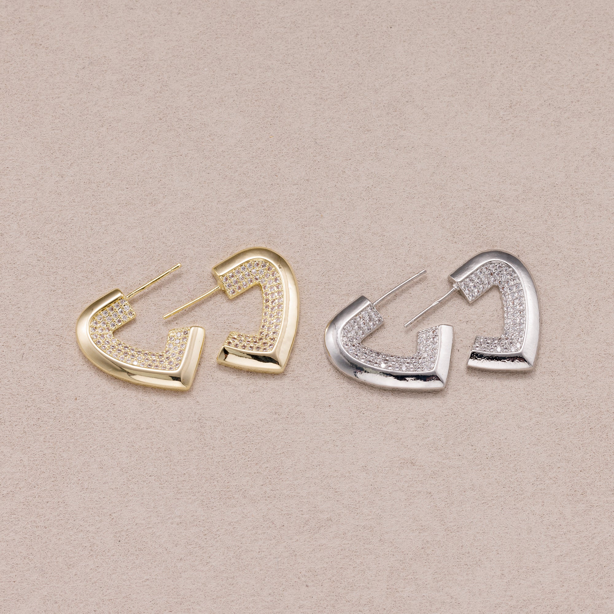 Gold PVD Stainless Steel Micro Paved CZ Geometric Half Love Heart Stud Earrings