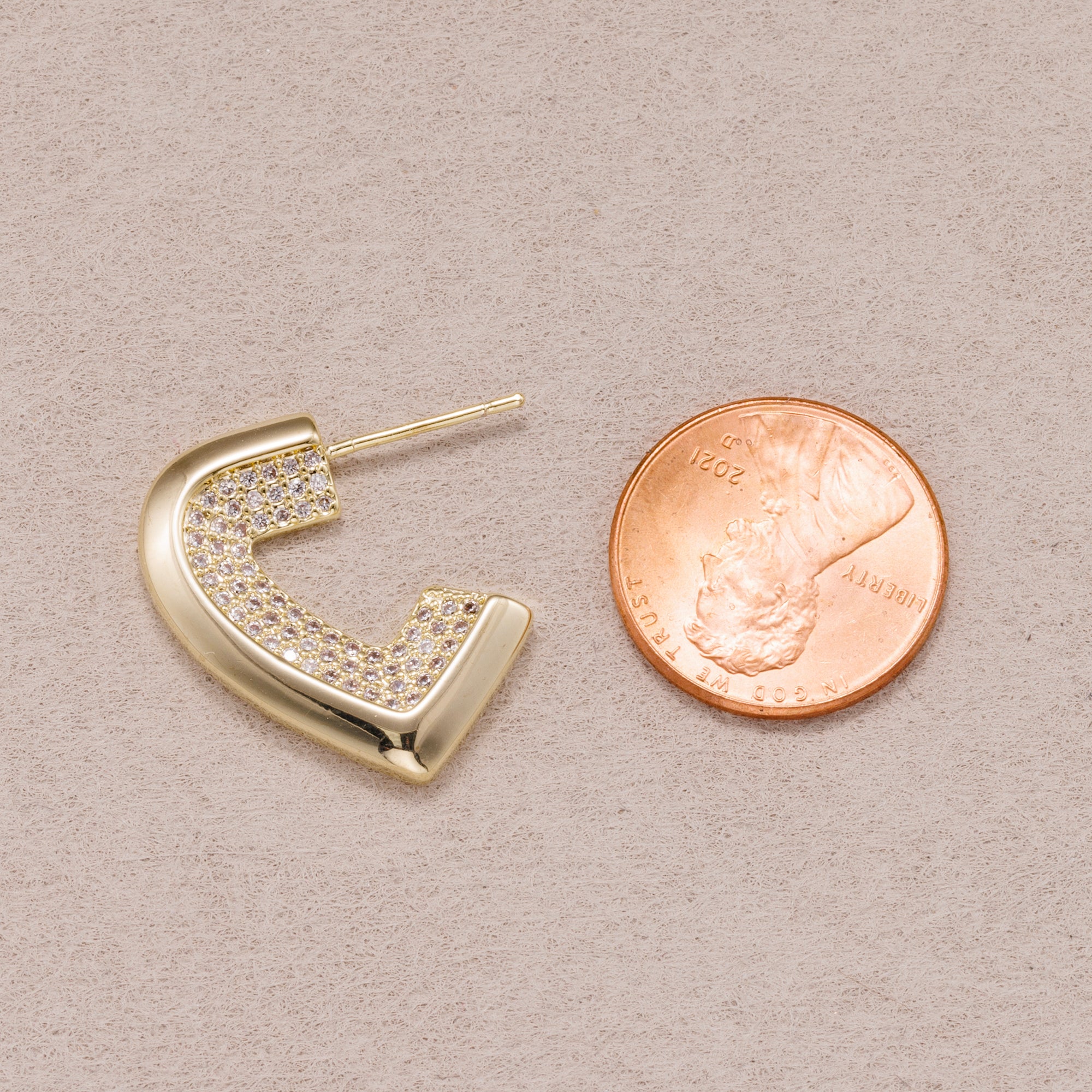 Gold PVD Stainless Steel Micro Paved CZ Geometric Half Love Heart Stud Earrings