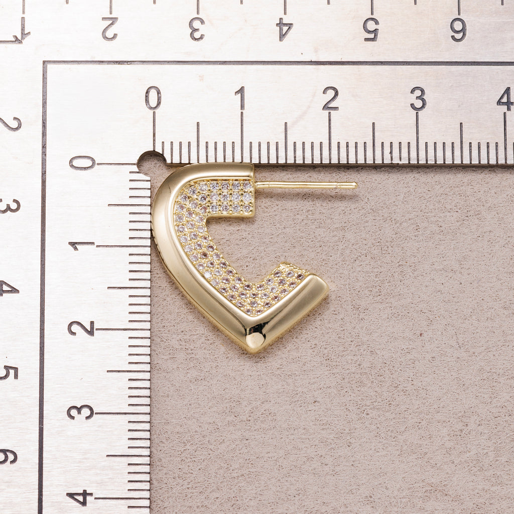 Gold PVD Stainless Steel Micro Paved CZ Geometric Half Love Heart Stud Earrings