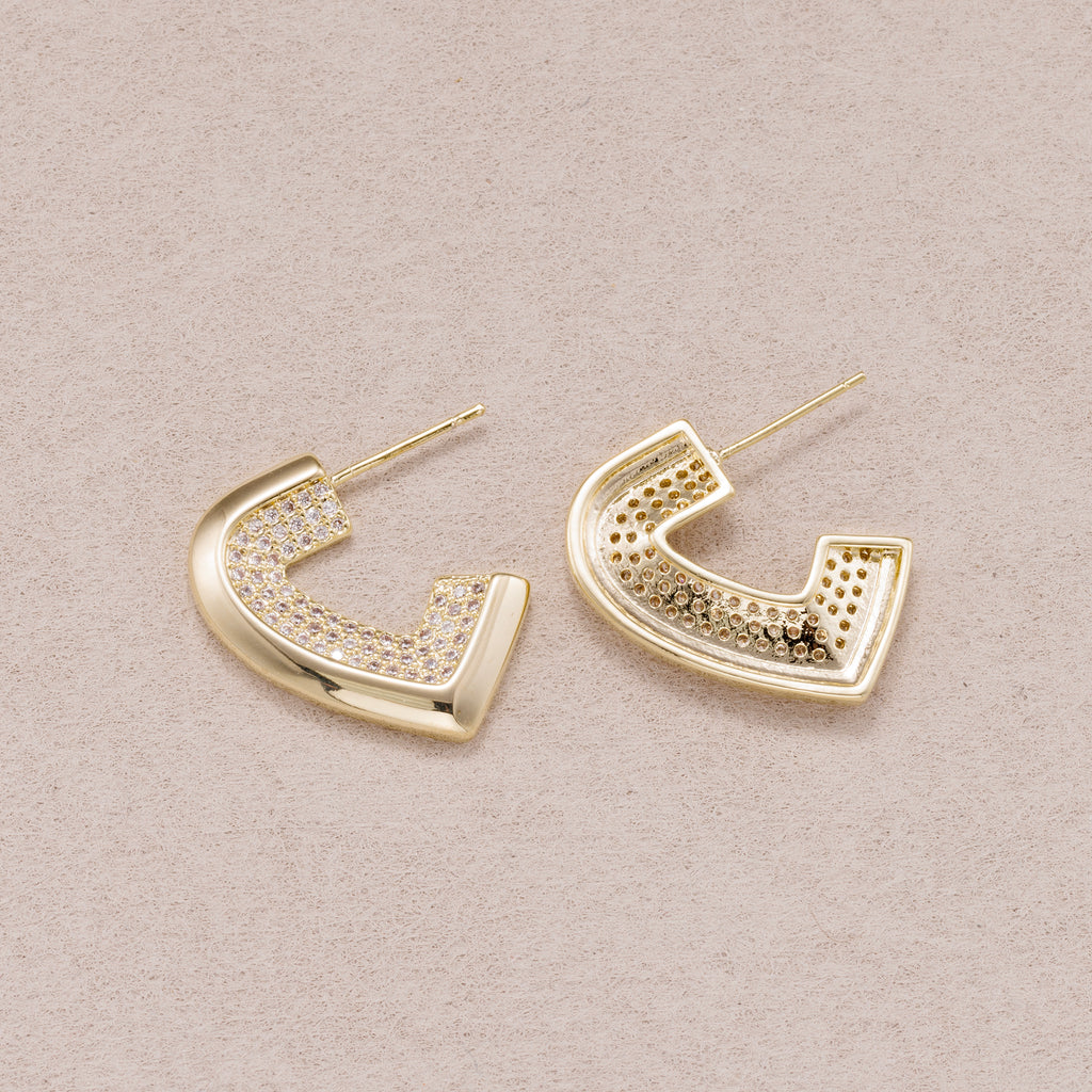 Gold PVD Stainless Steel Micro Paved CZ Geometric Half Love Heart Stud Earrings