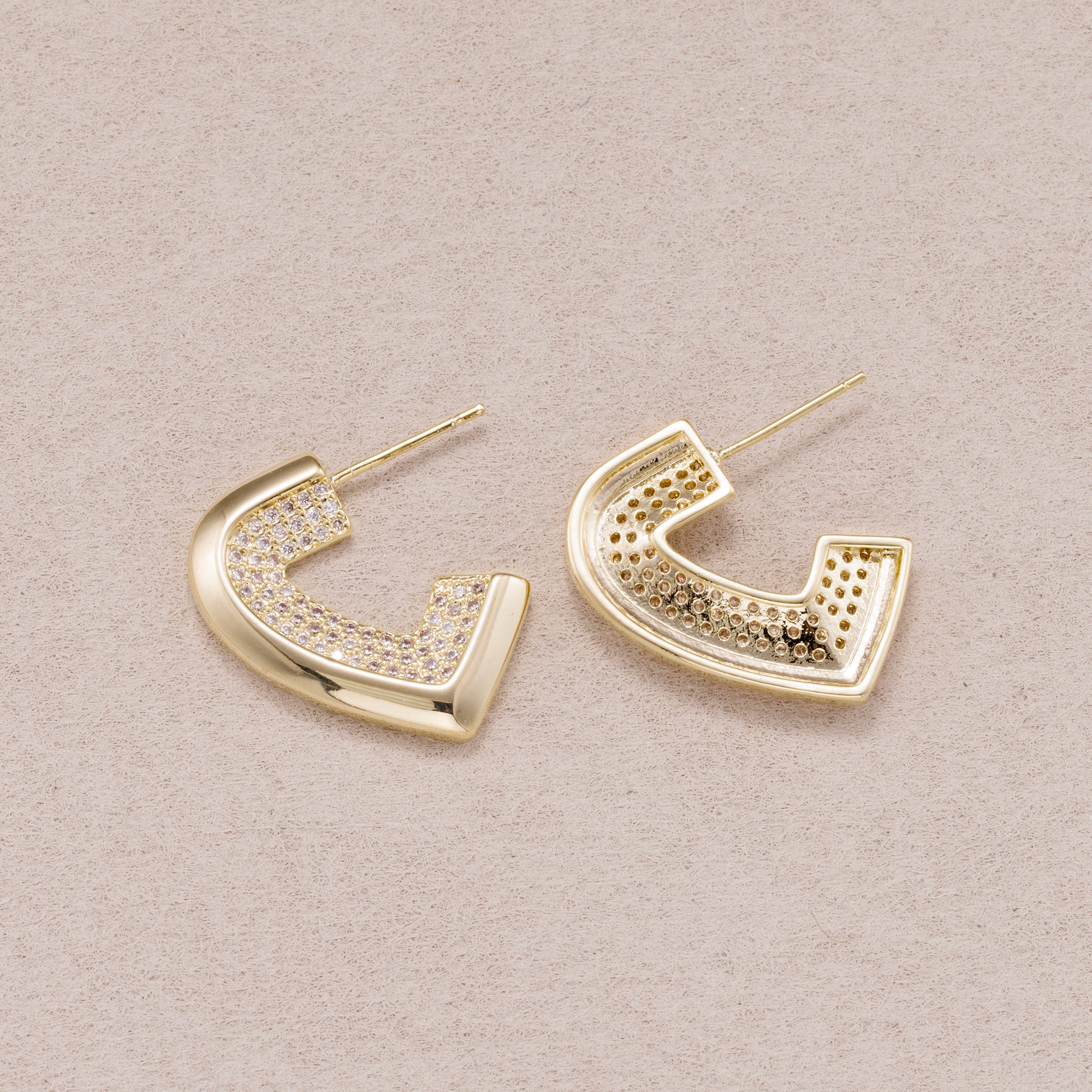 Gold PVD Stainless Steel Micro Paved CZ Geometric Half Love Heart Stud Earrings