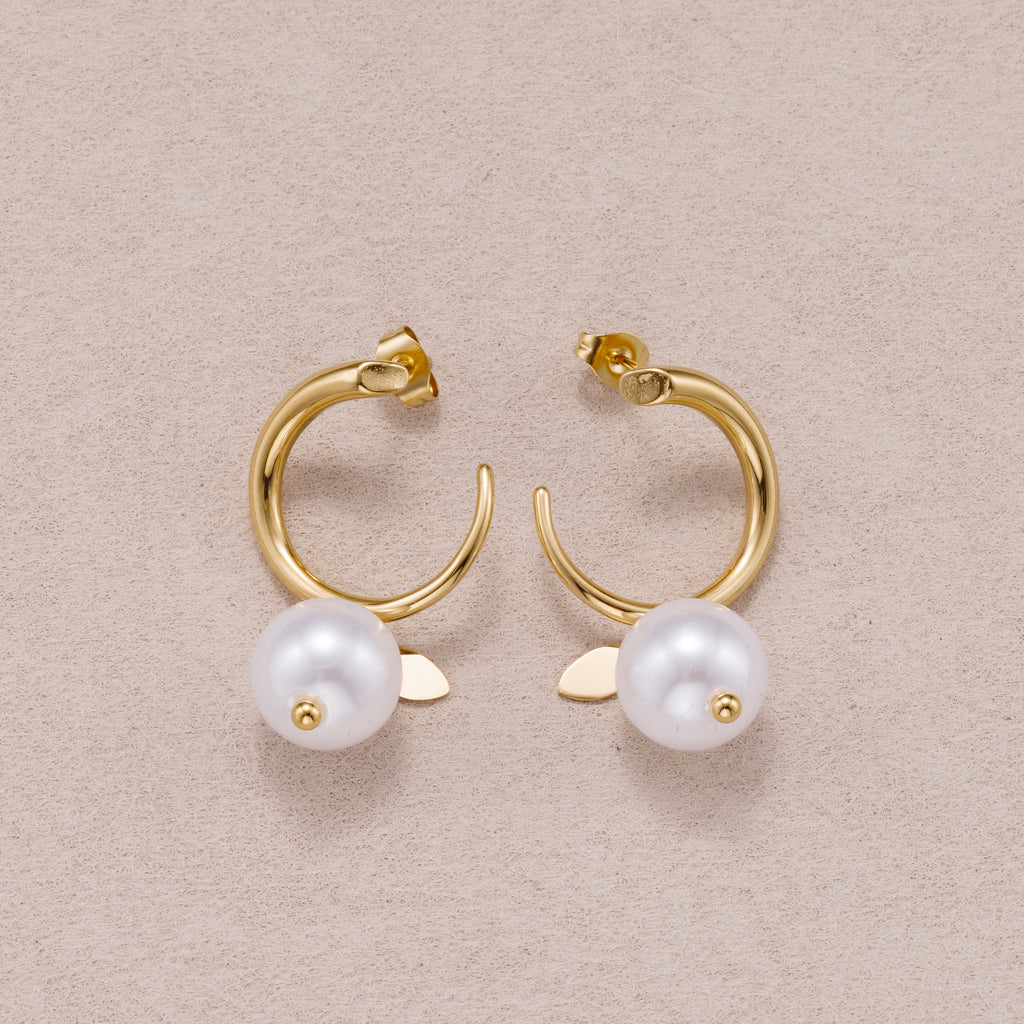 Gold PVD Stainless Steel Shell Pearl Drop C Stud Earrings