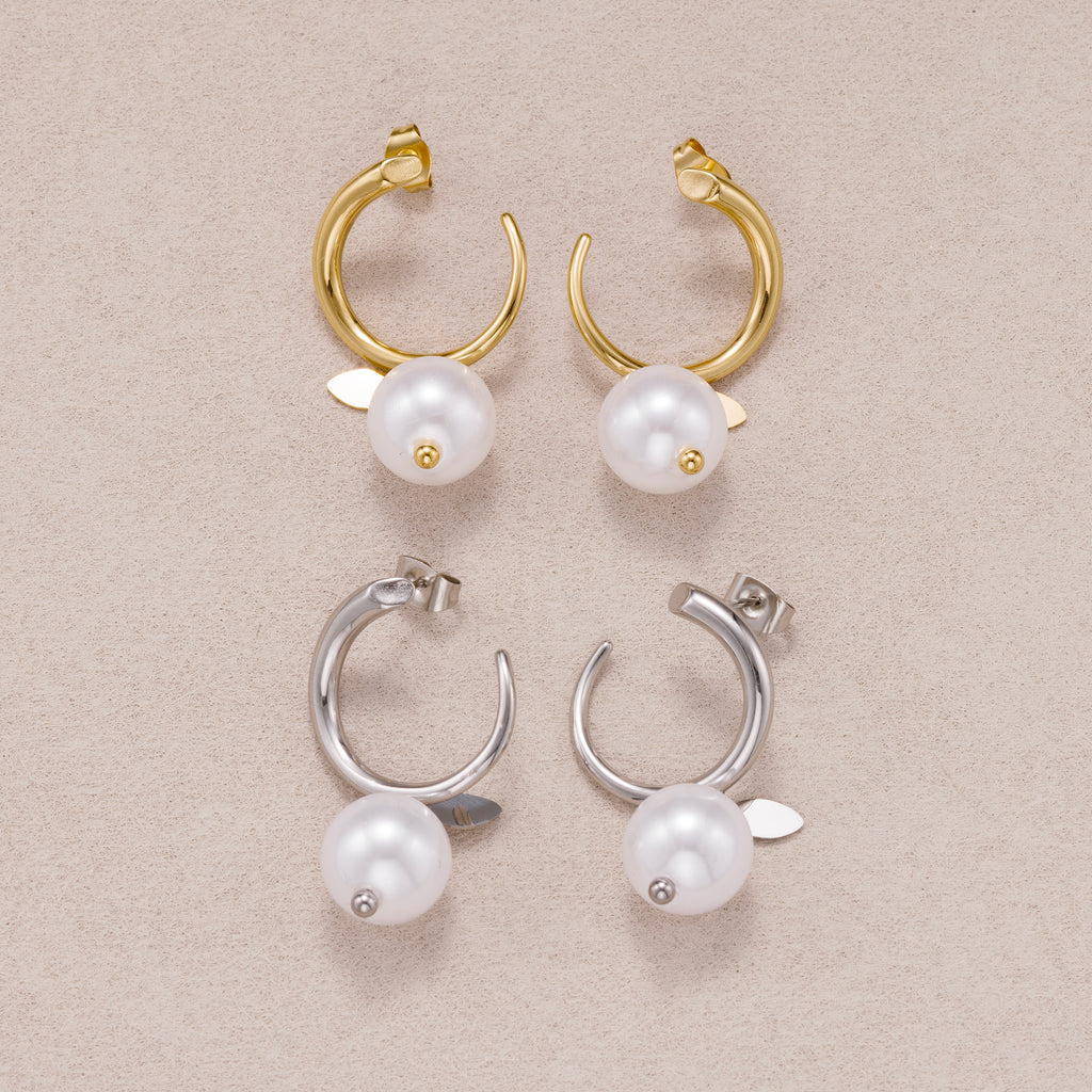 Gold PVD Stainless Steel Shell Pearl Drop C Stud Earrings