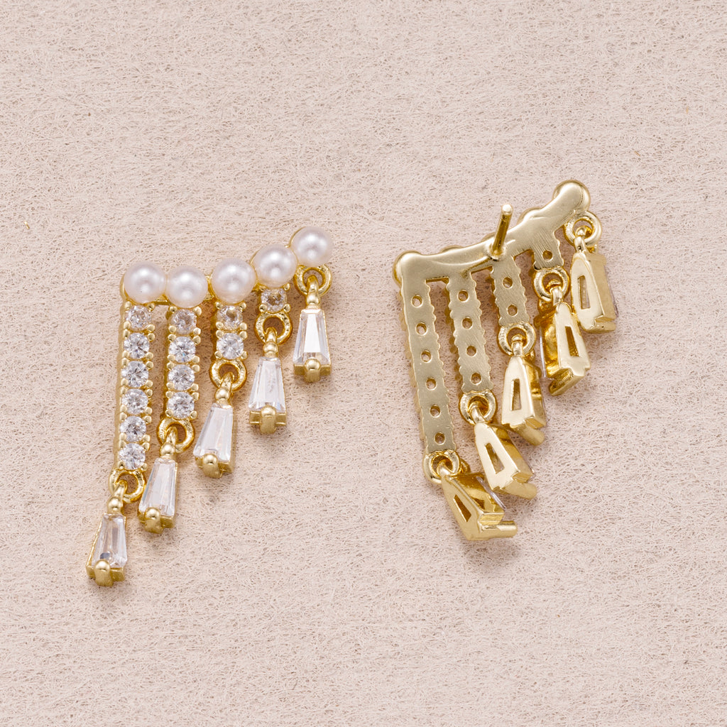 24K Gold Plated Shell Pearl Micro Paved CZ Fringed Ear Jackets Stud Earrings