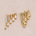 24K Gold Plated Shell Pearl Micro Paved CZ Fringed Ear Jackets Stud Earrings
