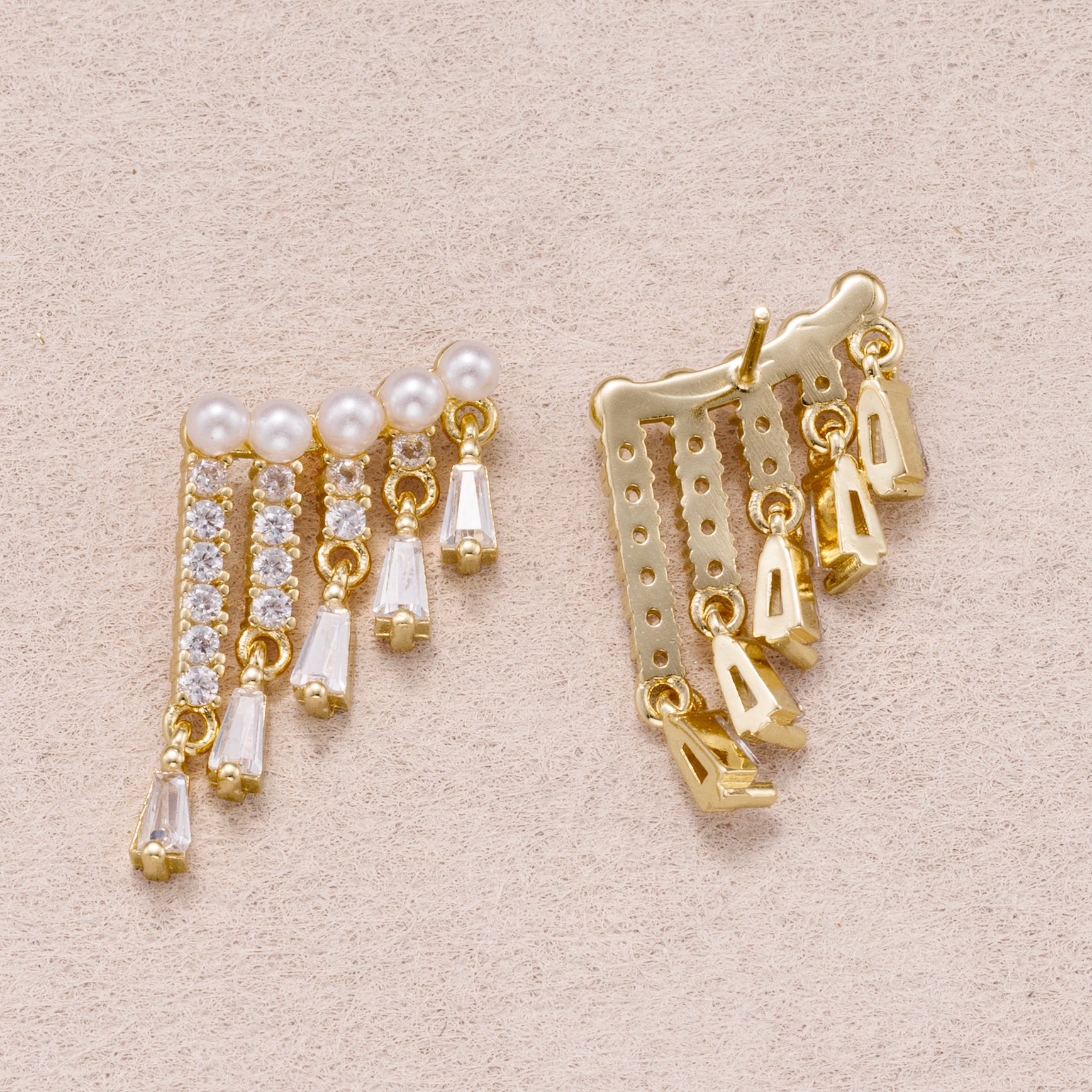 24K Gold Plated Shell Pearl Micro Paved CZ Fringed Ear Jackets Stud Earrings