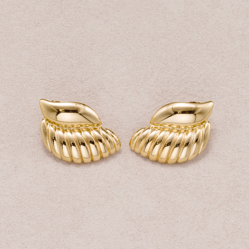 Gold PVD Stainless Steel Ribbed Textured Wings Stud Earrings