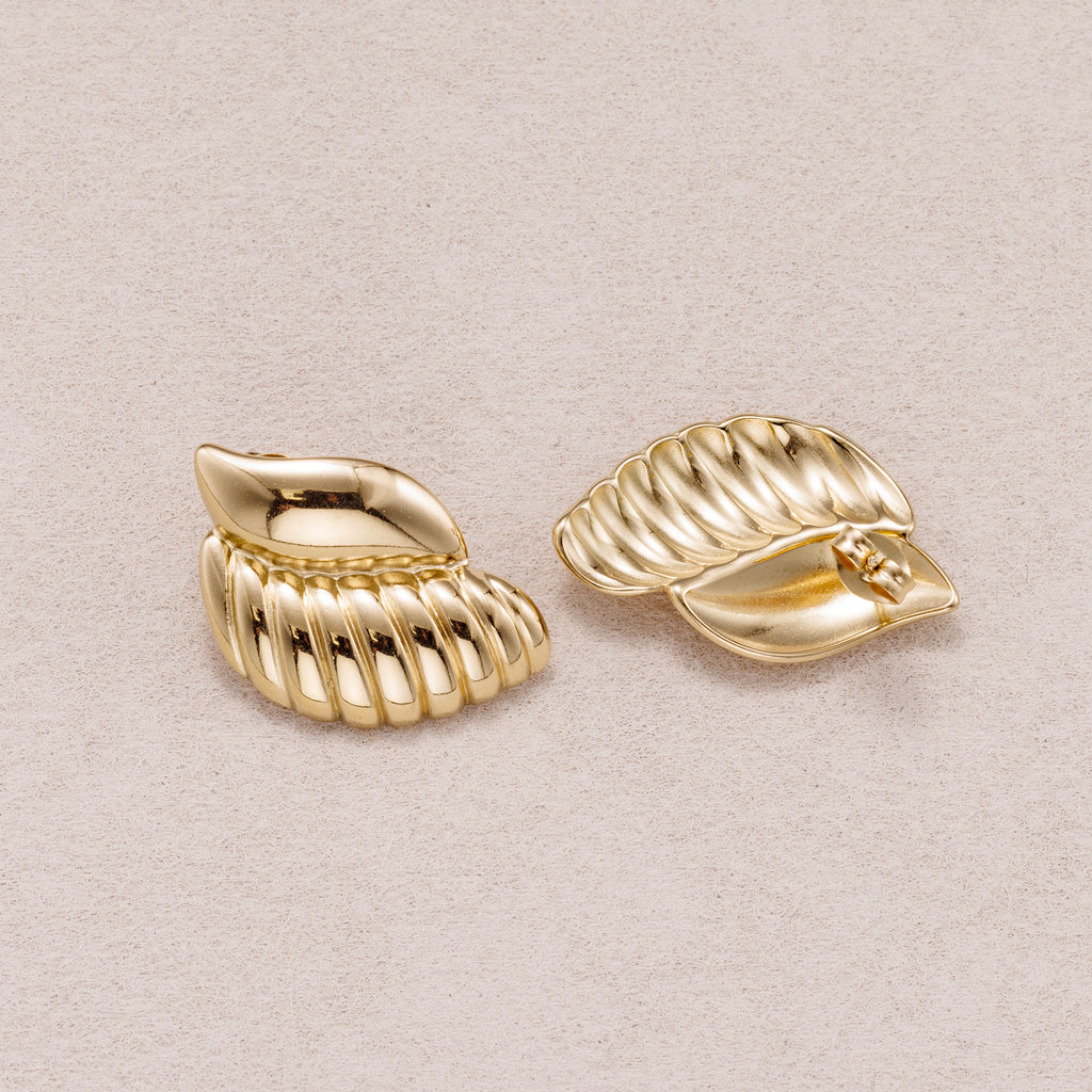 Gold PVD Stainless Steel Ribbed Textured Wings Stud Earrings
