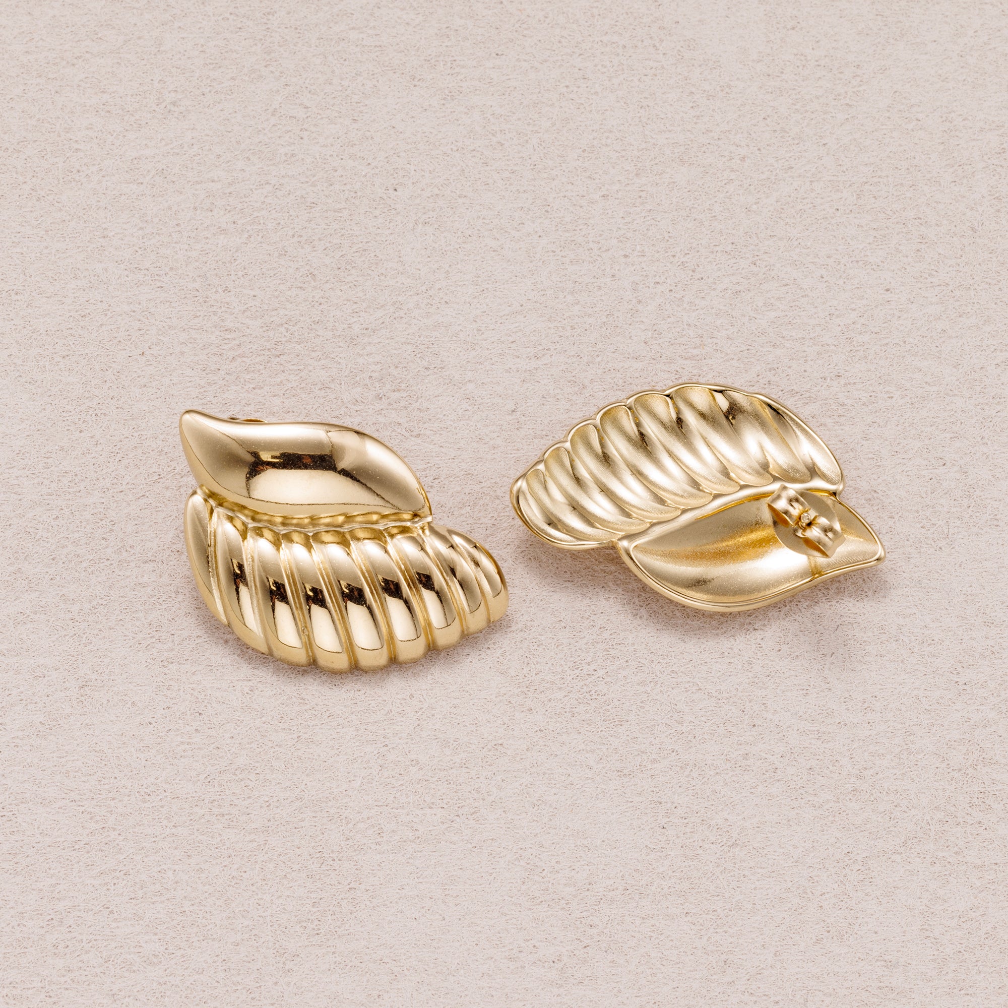 Gold PVD Stainless Steel Ribbed Textured Wings Stud Earrings