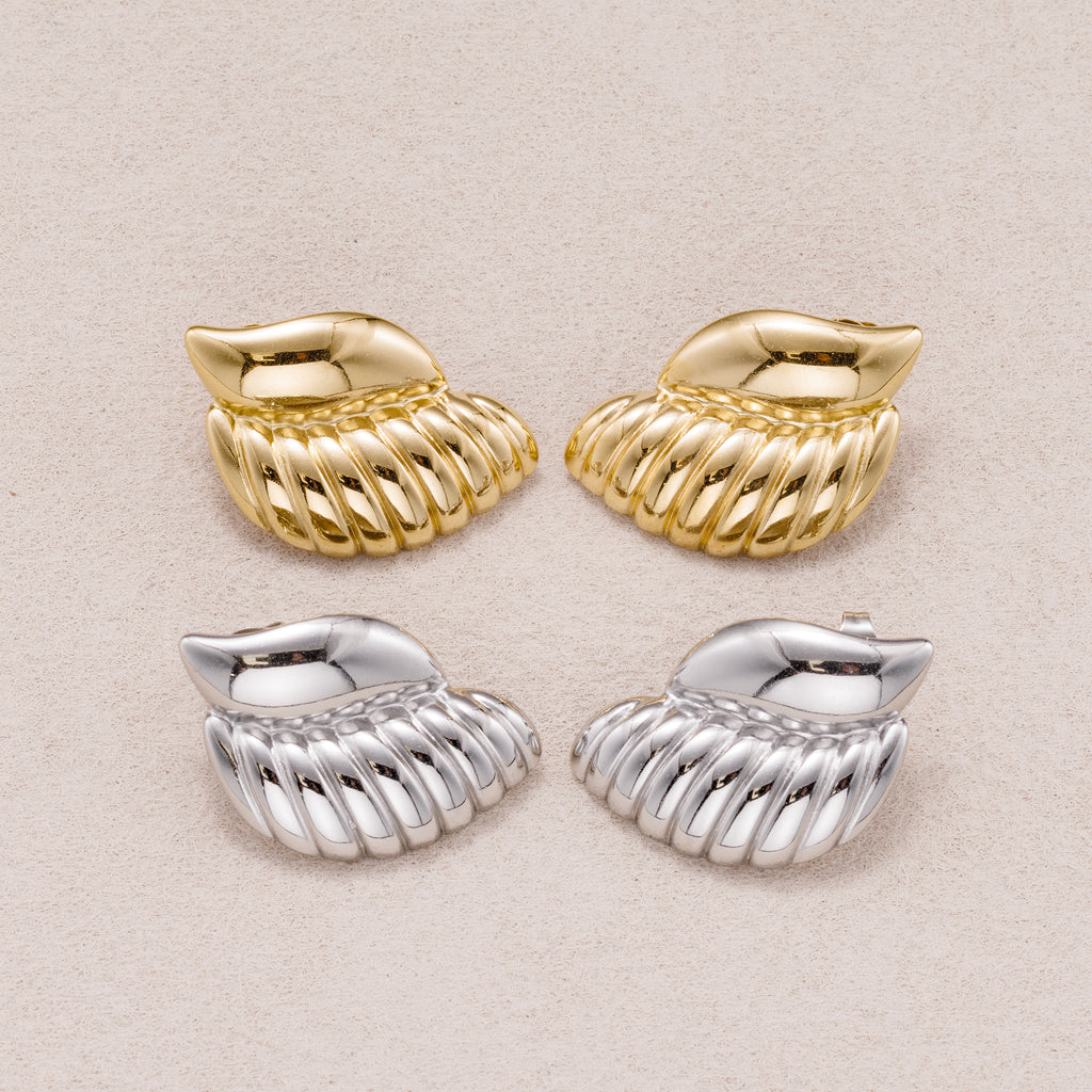 Gold PVD Stainless Steel Ribbed Textured Wings Stud Earrings