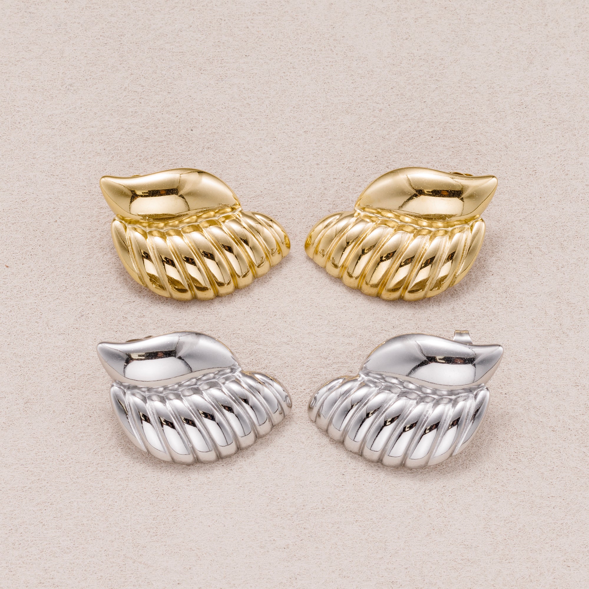 Gold PVD Stainless Steel Ribbed Textured Wings Stud Earrings