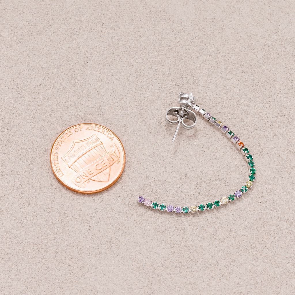 Rhodium Plated Micro Paved CZ Rainbow Linear Drop Stud Earrings