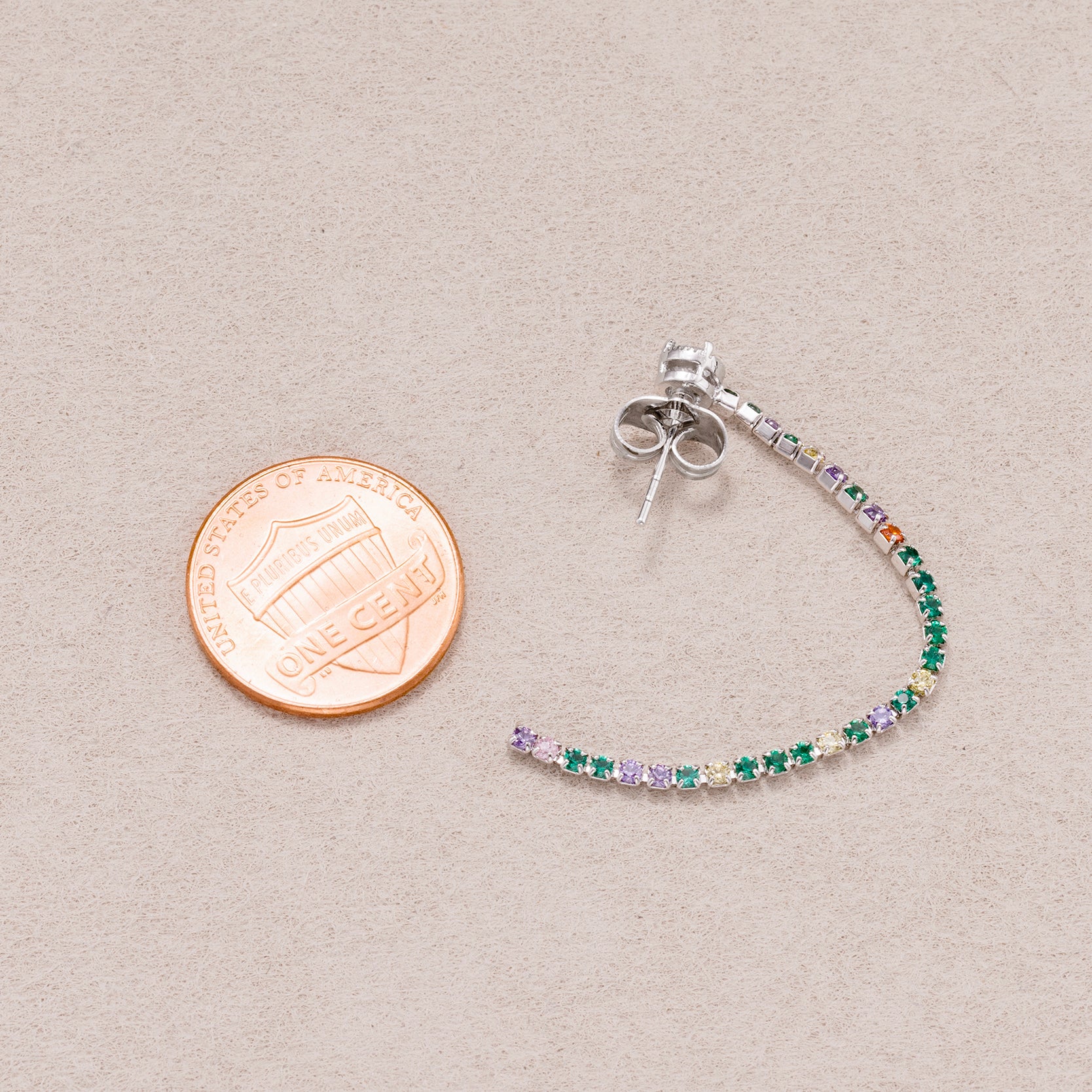 Rhodium Plated Micro Paved CZ Rainbow Linear Drop Stud Earrings