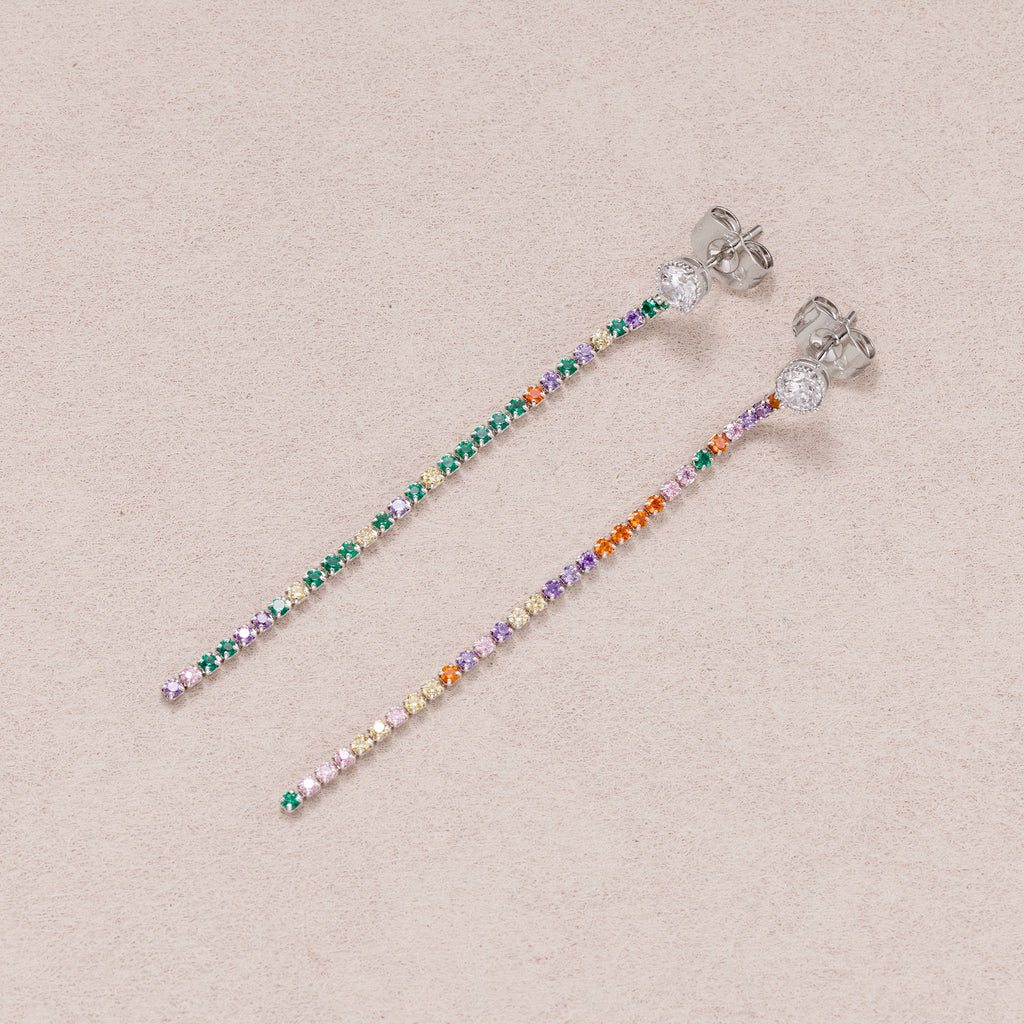 Rhodium Plated Micro Paved CZ Rainbow Linear Drop Stud Earrings