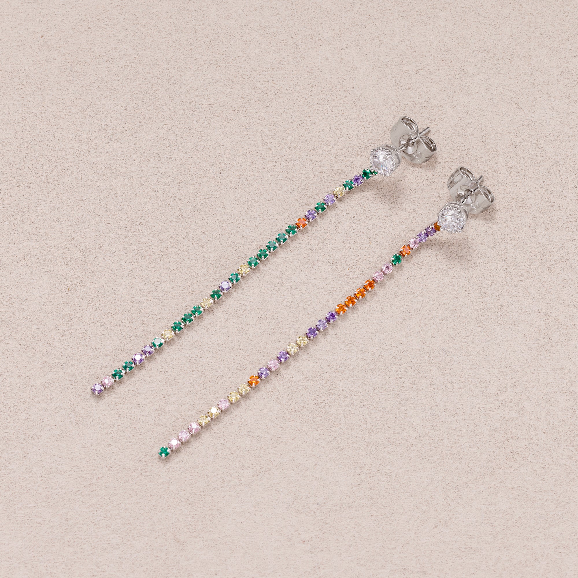 Rhodium Plated Micro Paved CZ Rainbow Linear Drop Stud Earrings