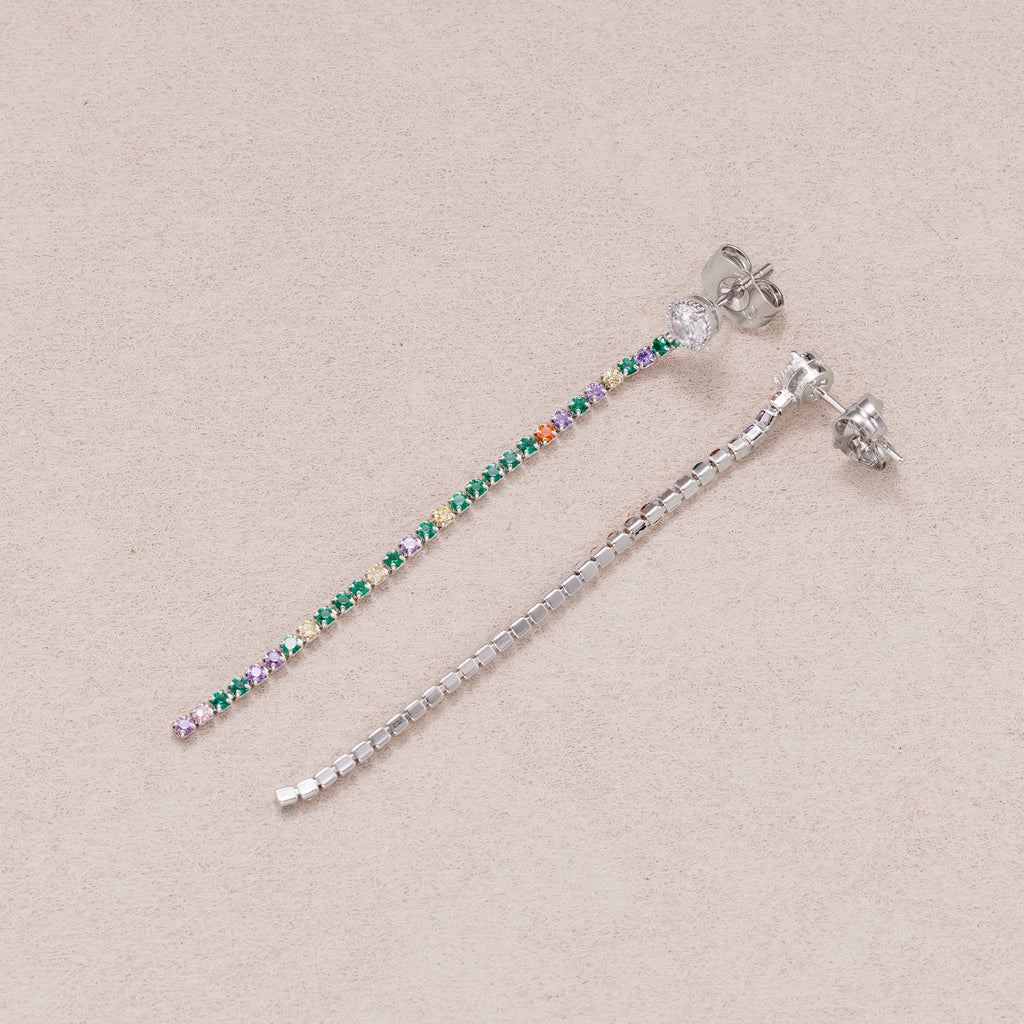 Rhodium Plated Micro Paved CZ Rainbow Linear Drop Stud Earrings