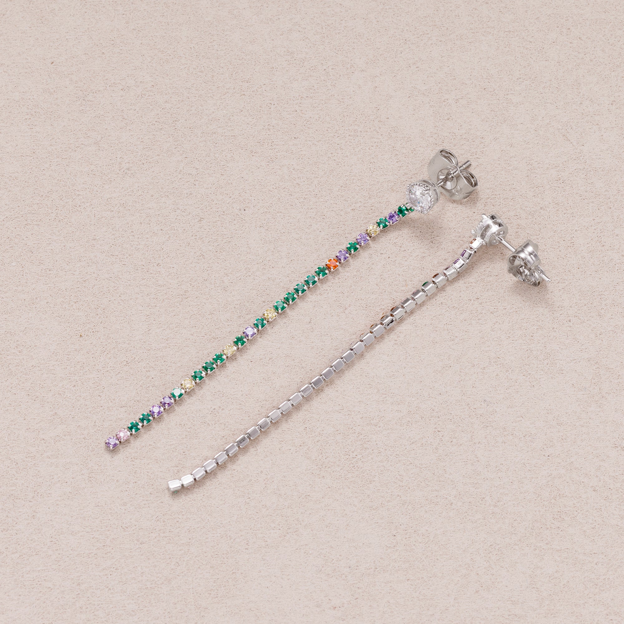Rhodium Plated Micro Paved CZ Rainbow Linear Drop Stud Earrings