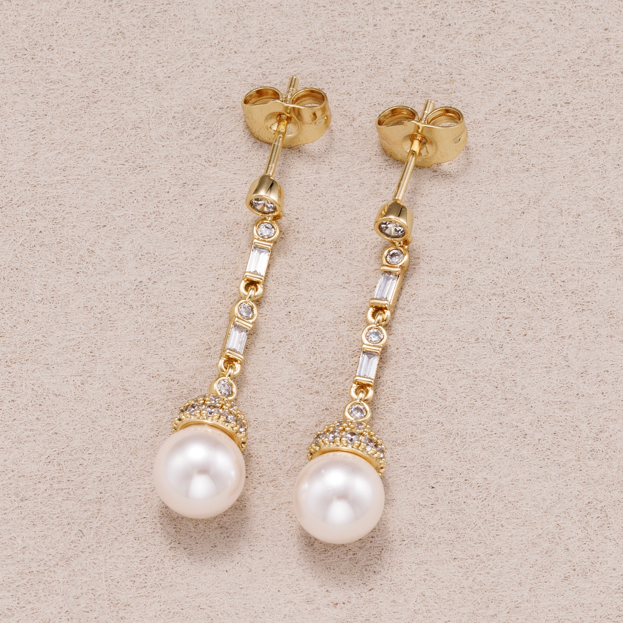 14K Gold Plated Shell Pearl Baguette CZ Drop Stud Earrings