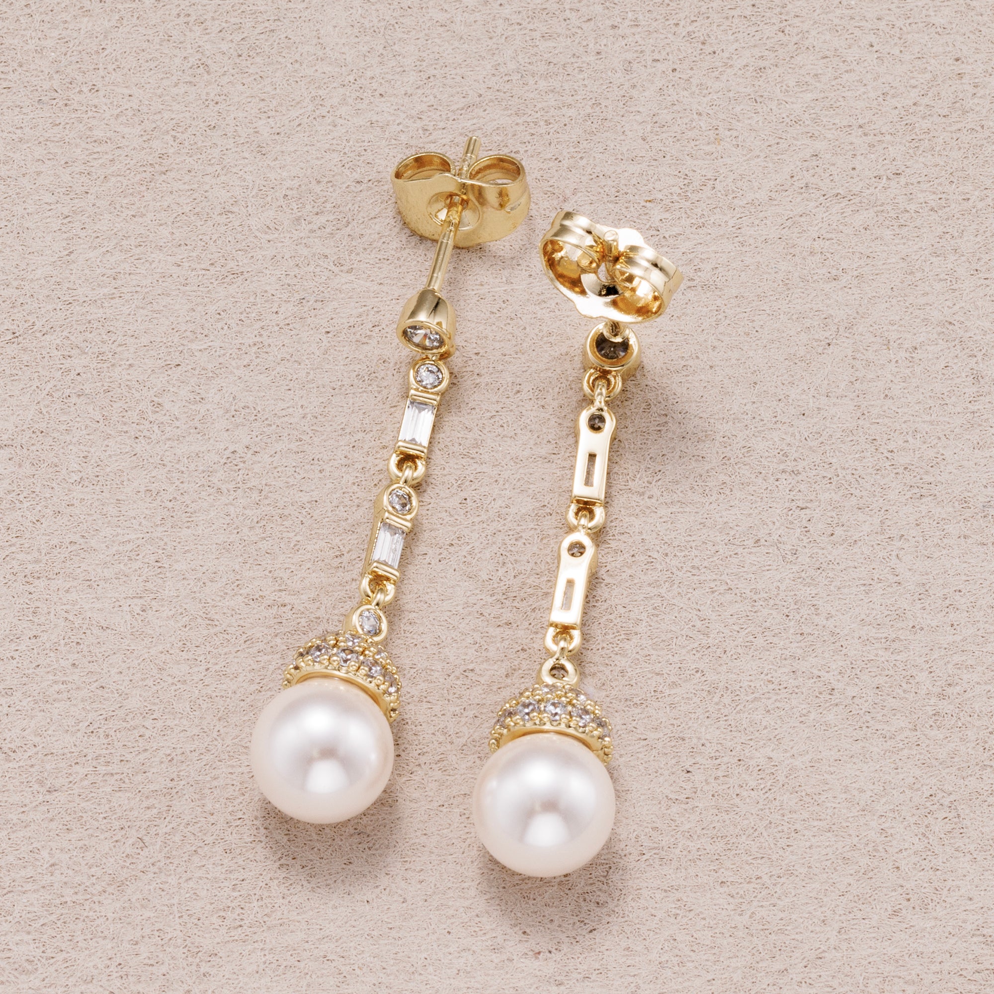 14K Gold Plated Shell Pearl Baguette CZ Drop Stud Earrings