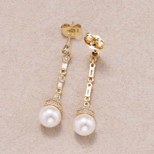 14K Gold Plated Shell Pearl Baguette CZ Drop Stud Earrings