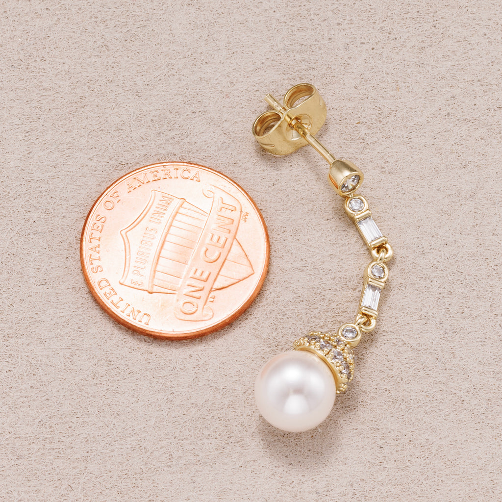 14K Gold Plated Shell Pearl Baguette CZ Drop Stud Earrings