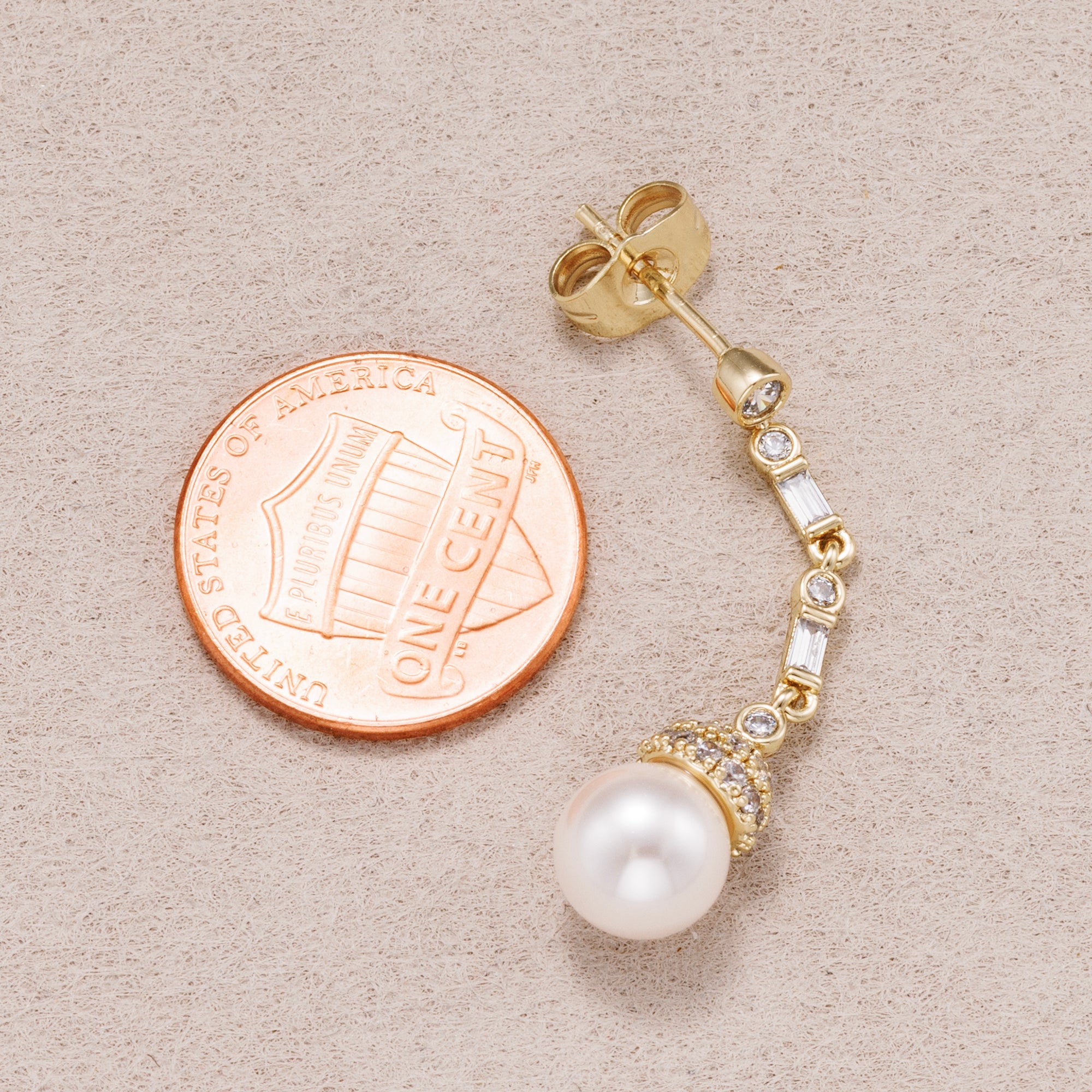 14K Gold Plated Shell Pearl Baguette CZ Drop Stud Earrings