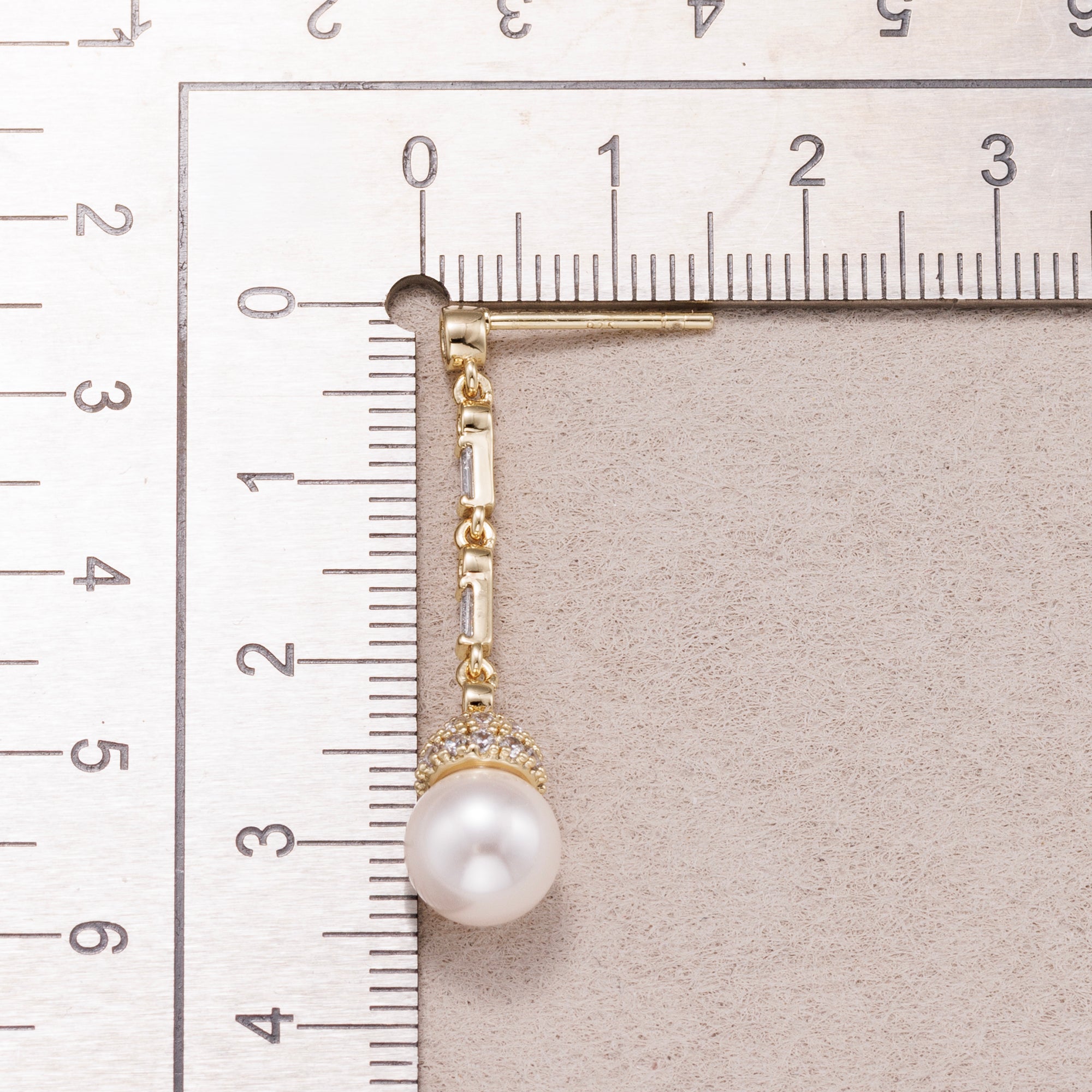 14K Gold Plated Shell Pearl Baguette CZ Drop Stud Earrings