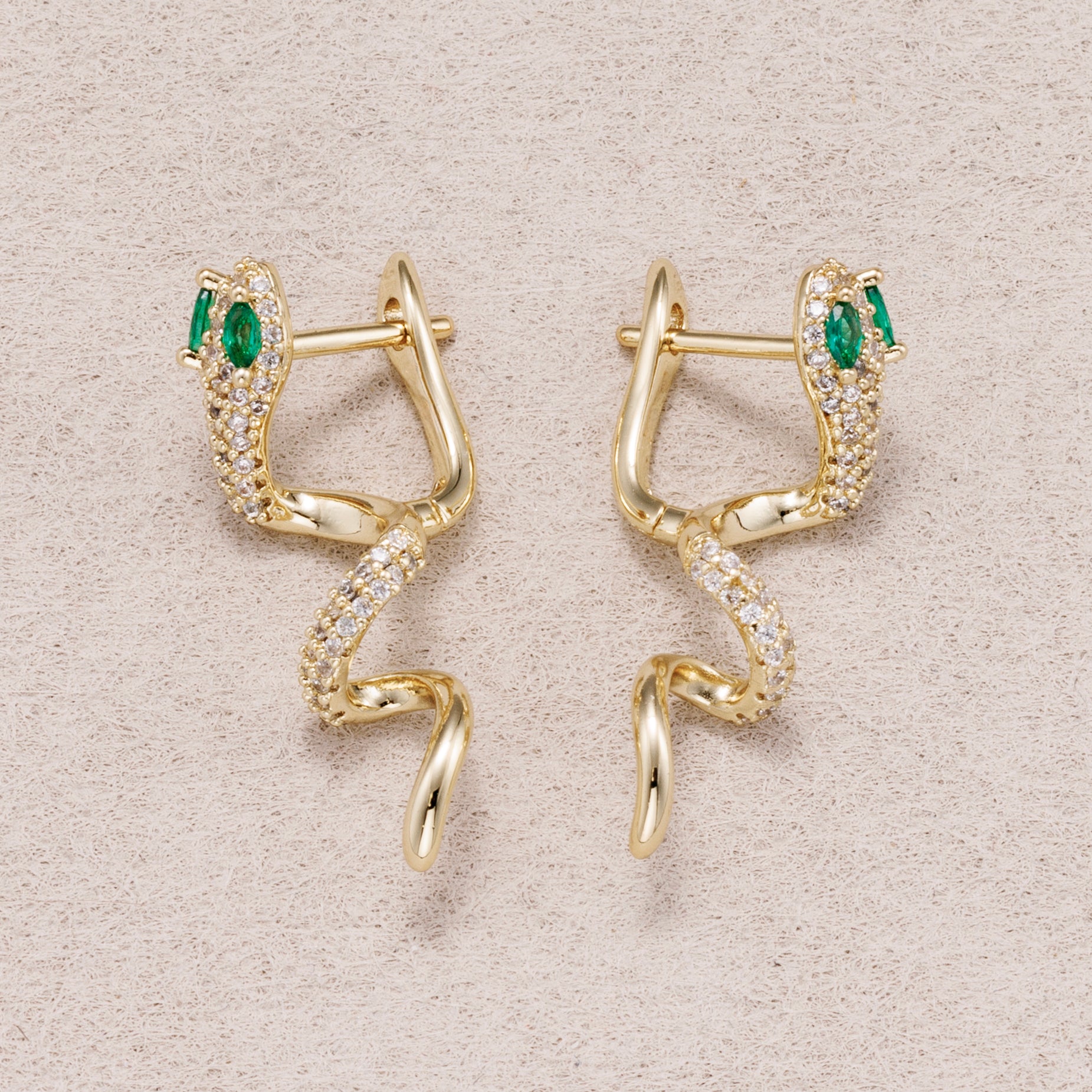 14K Gold Plated Micro Paved CZ Blue & Green Eyed Snake Hoop Earrings