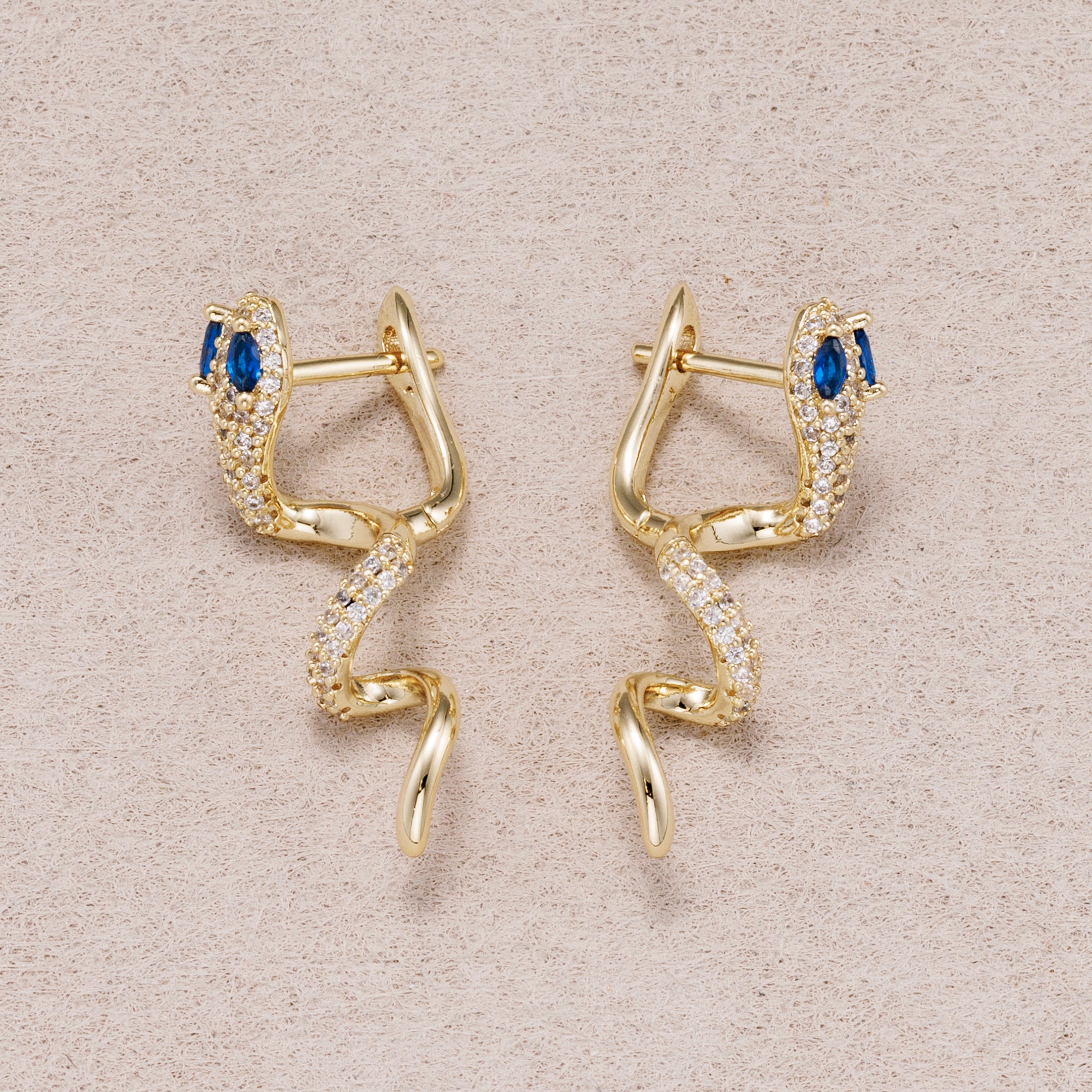 14K Gold Plated Micro Paved CZ Blue & Green Eyed Snake Hoop Earrings