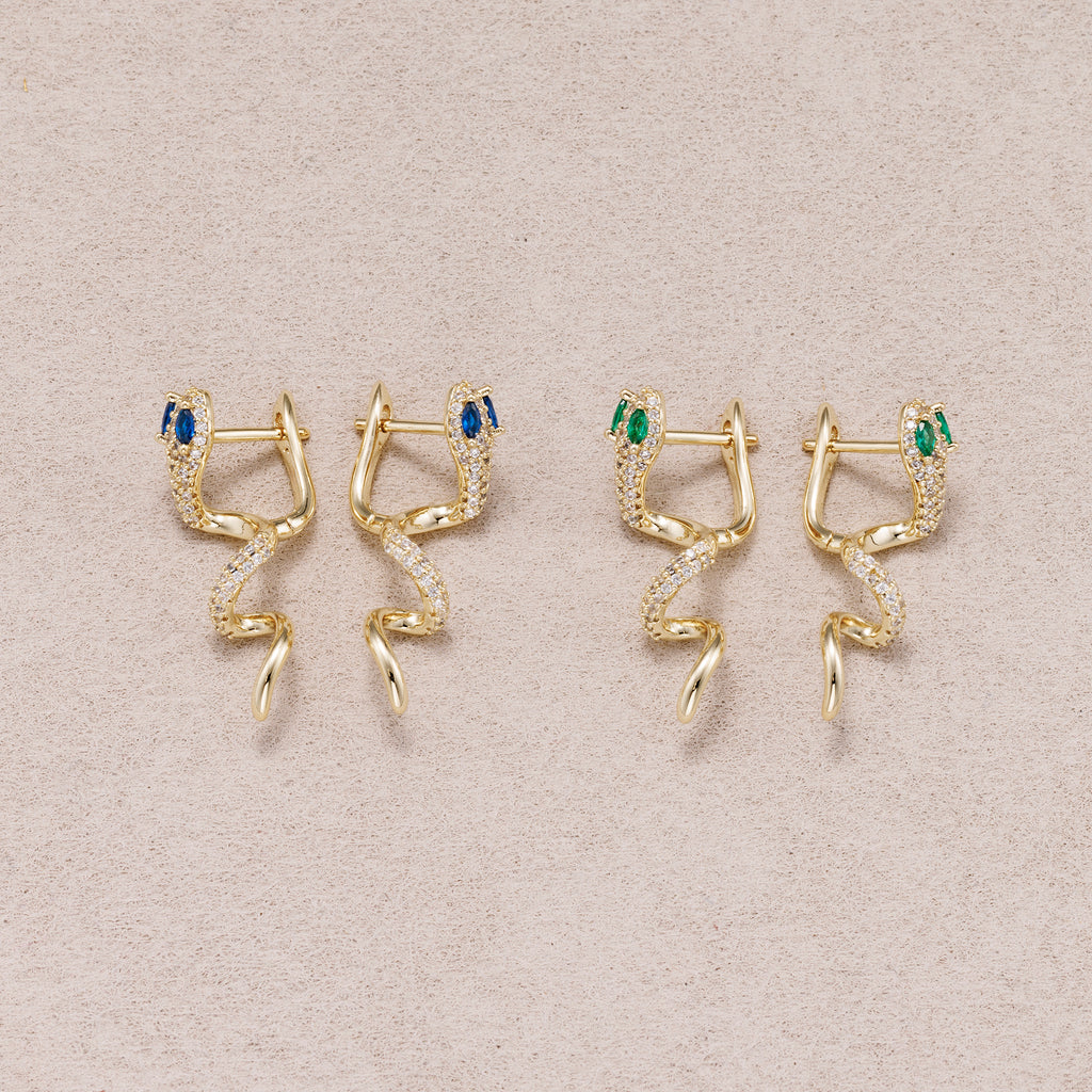 14K Gold Plated Micro Paved CZ Blue & Green Eyed Snake Hoop Earrings