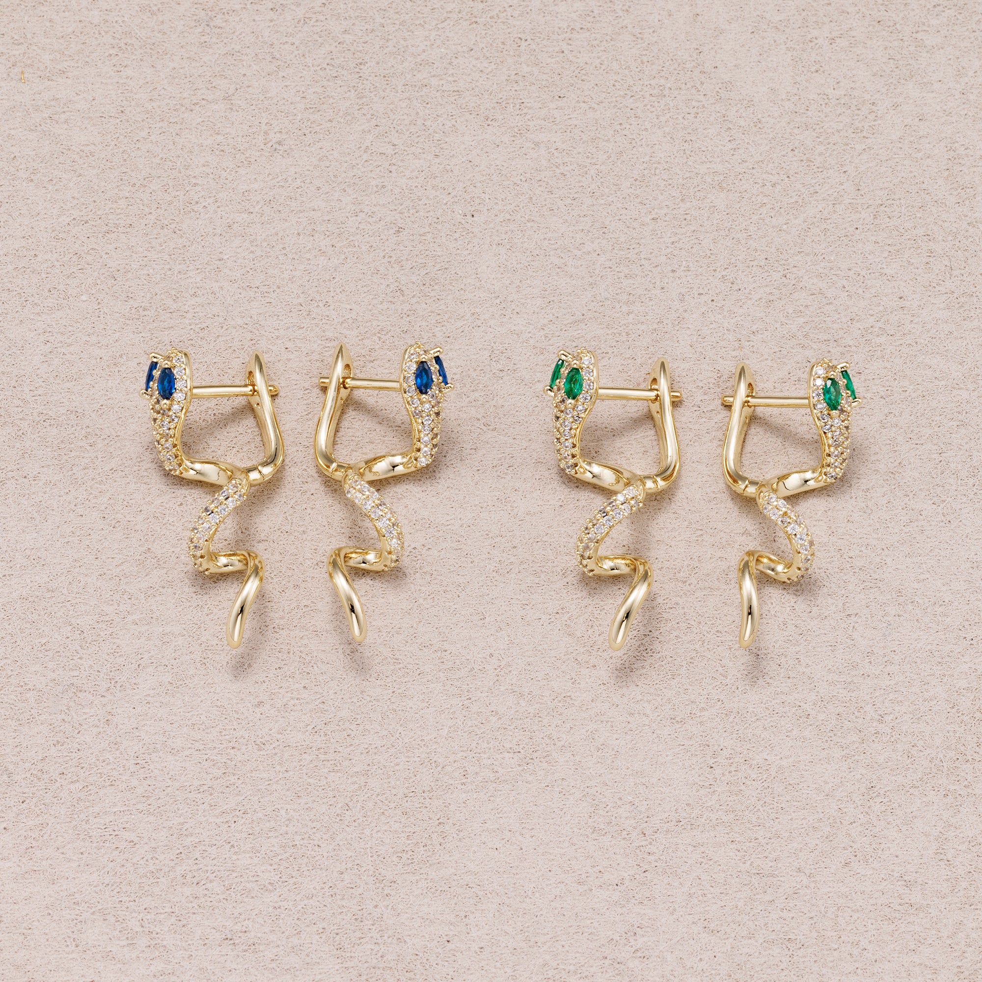 14K Gold Plated Micro Paved CZ Blue & Green Eyed Snake Hoop Earrings