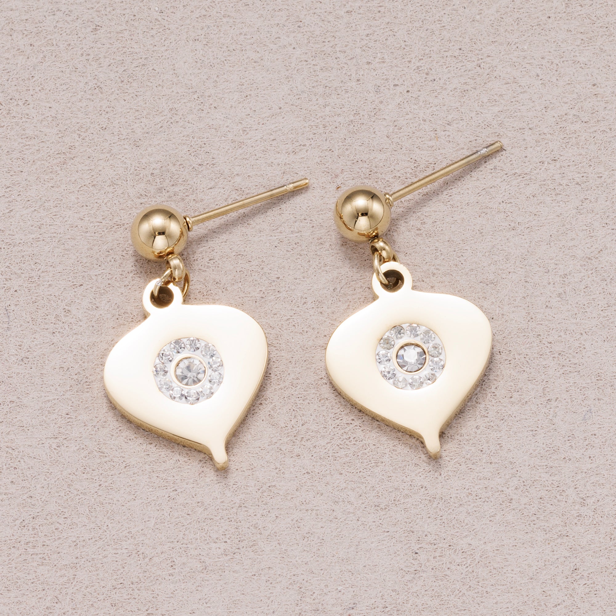 Gold PVD Stainless Steel Micro Paved CZ Heart Drop Stud Earrings