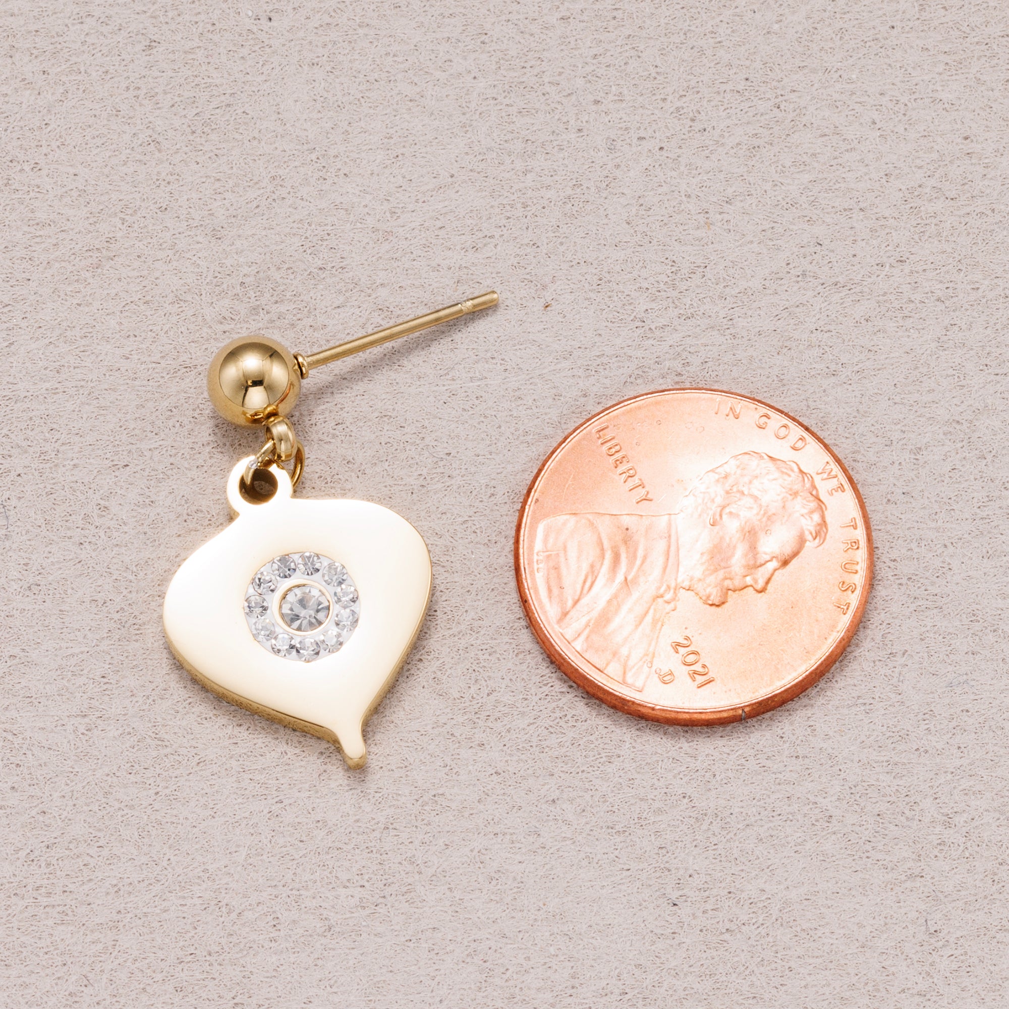 Gold PVD Stainless Steel Micro Paved CZ Heart Drop Stud Earrings