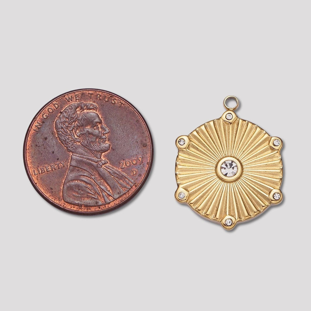Launch Promo: Gold PVD Stainless Steel Sunburst Hexagon Medallion Pendant | Sold Each