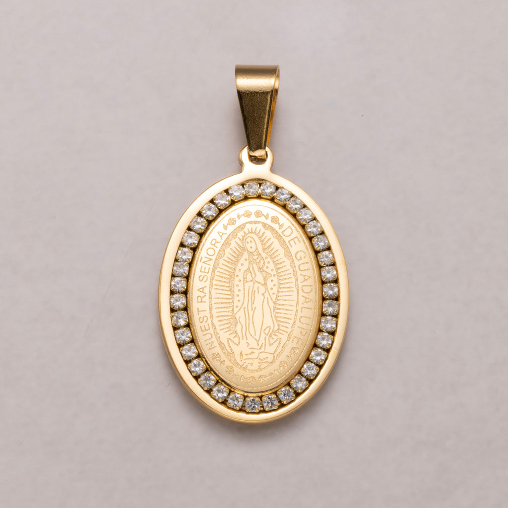 Gold PVD Stainless Steel Holy Mary Oval Medallion Pendant Lady Guadalupe Charm