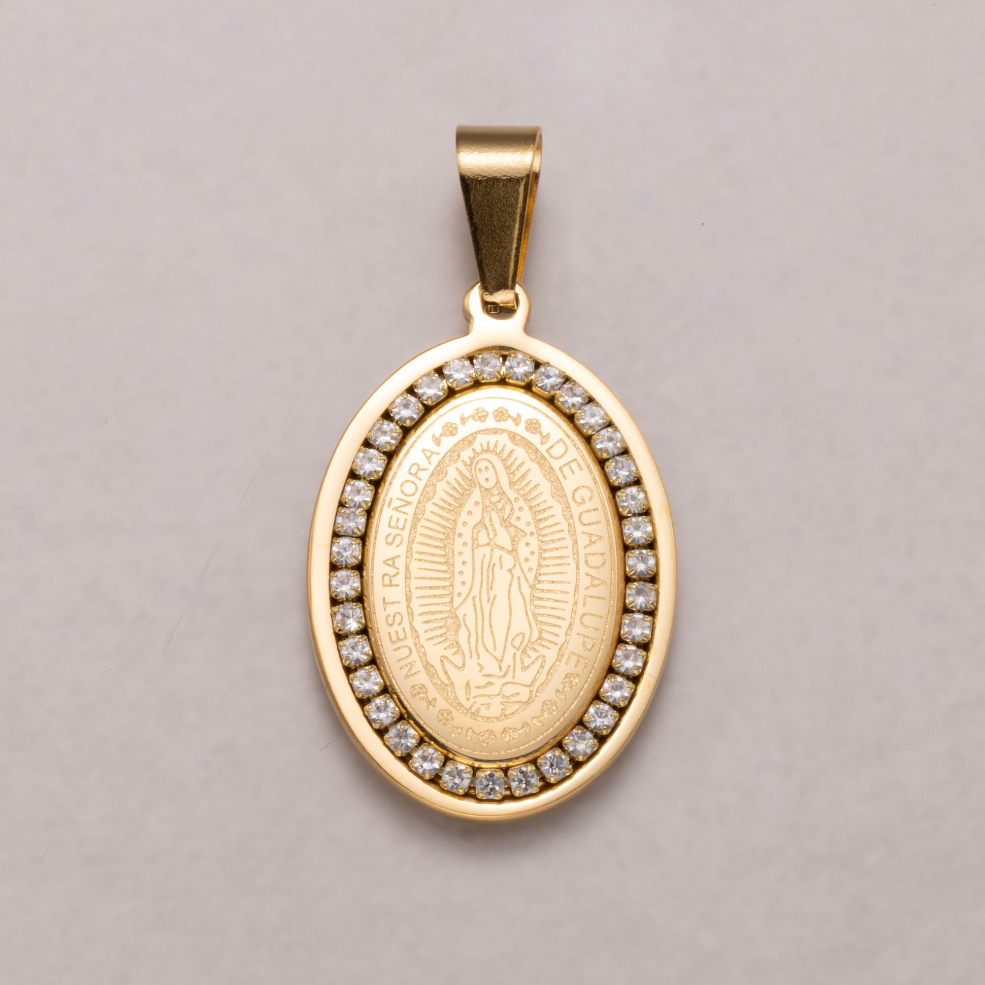 Gold PVD Stainless Steel Holy Mary Oval Medallion Pendant Lady Guadalupe Charm