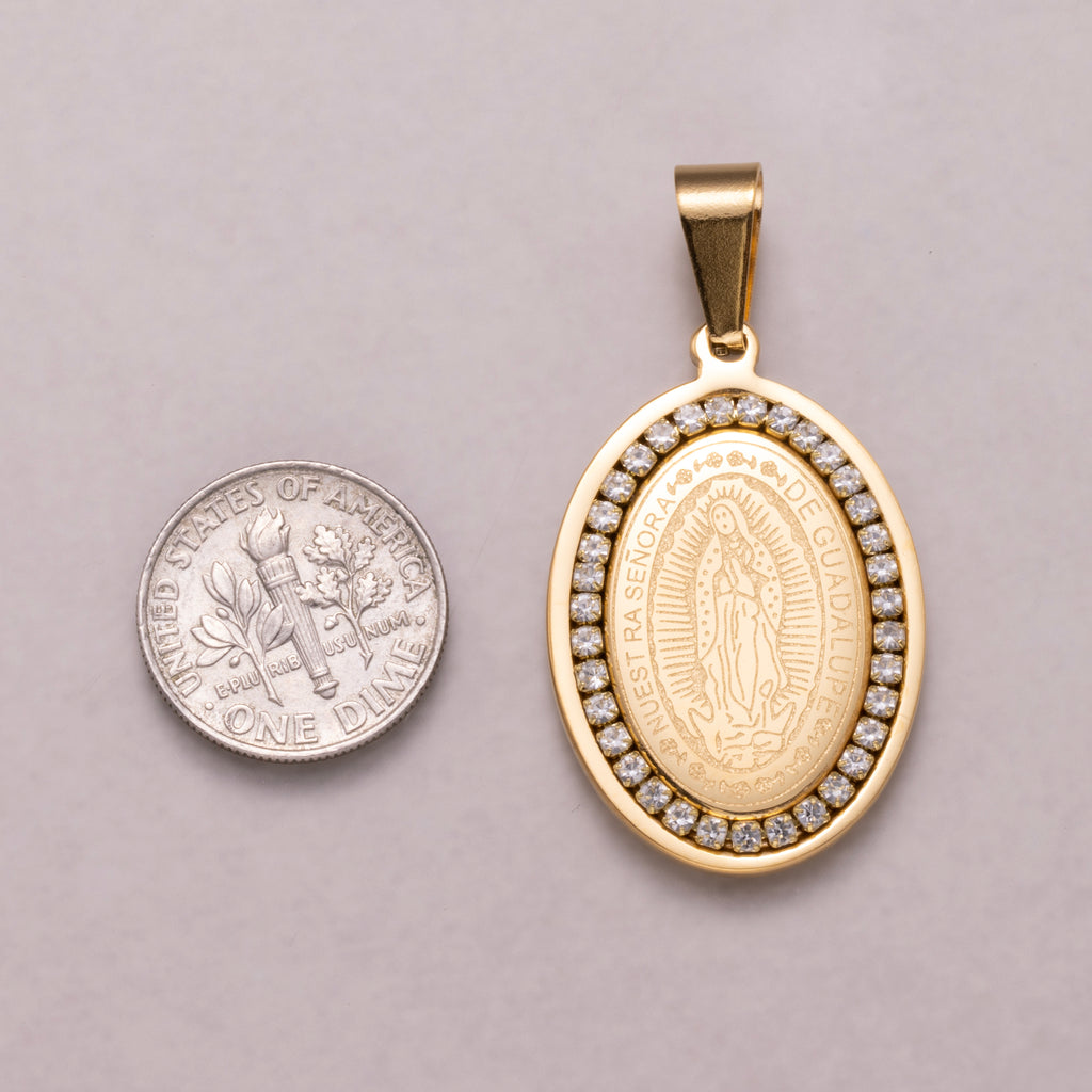 Gold PVD Stainless Steel Holy Mary Oval Medallion Pendant Lady Guadalupe Charm